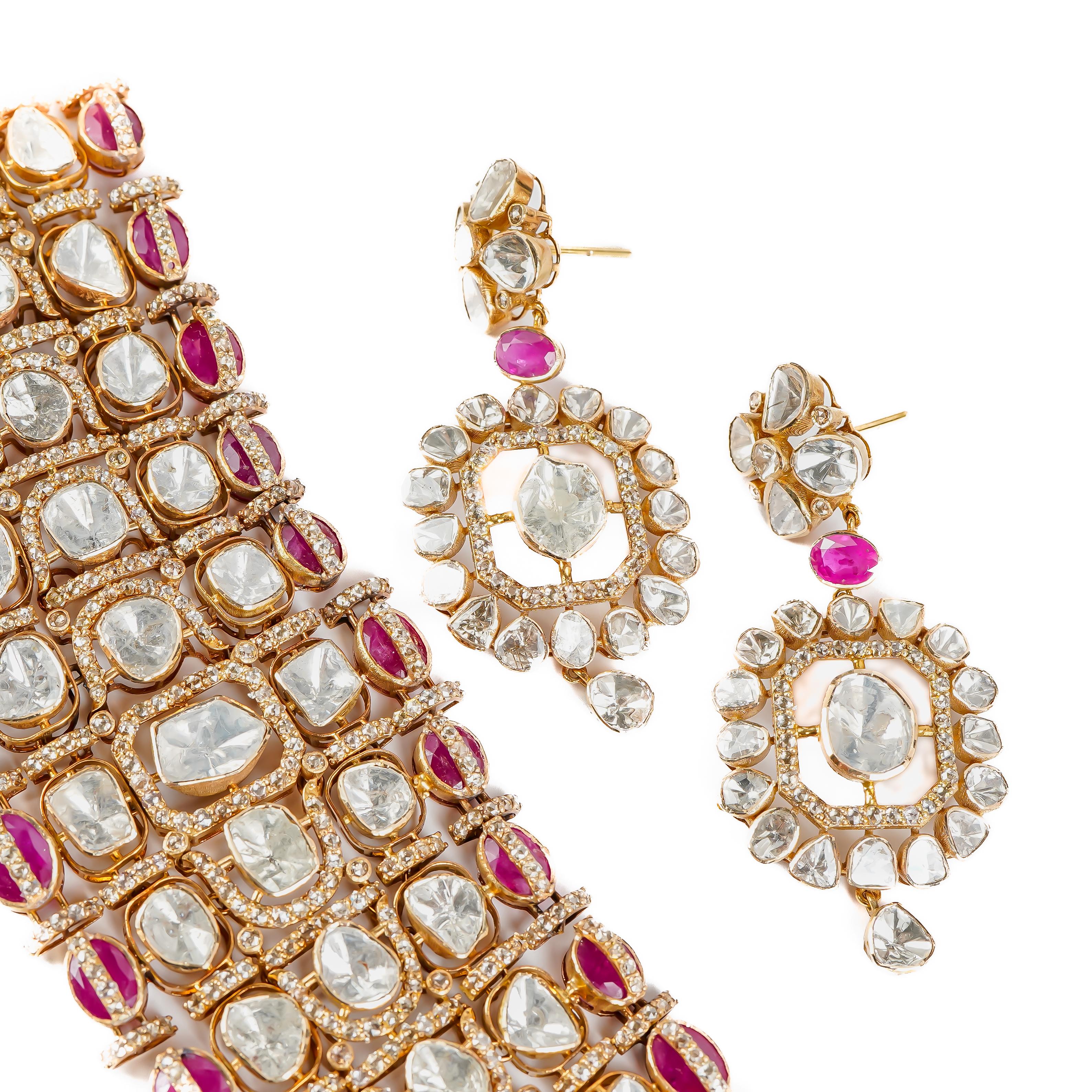 Taglio misto Collana polki con rubino naturale e diamanti in oro 14k in vendita