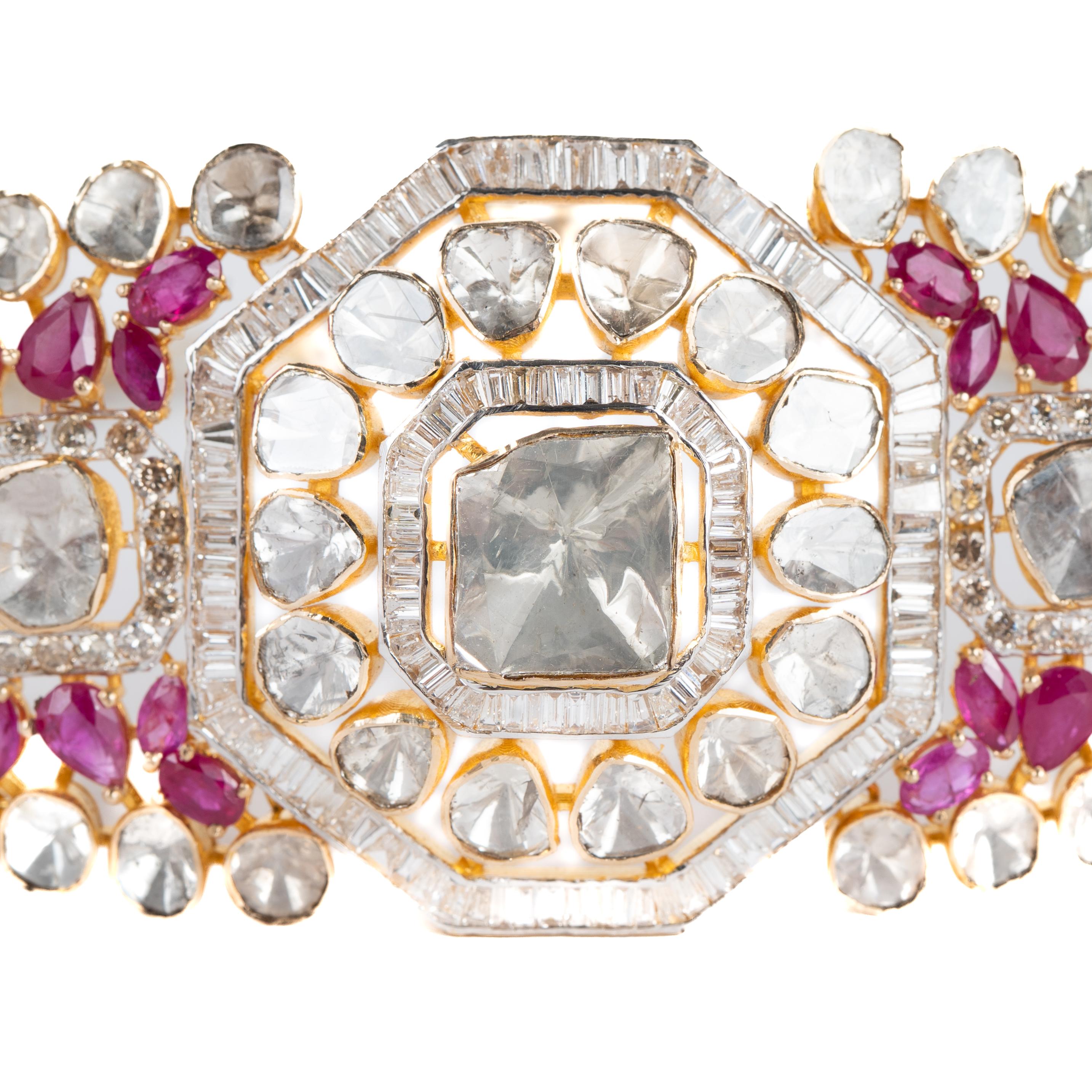 Mixed Cut Natural Ruby & diamond polki necklace set in 14k gold For Sale