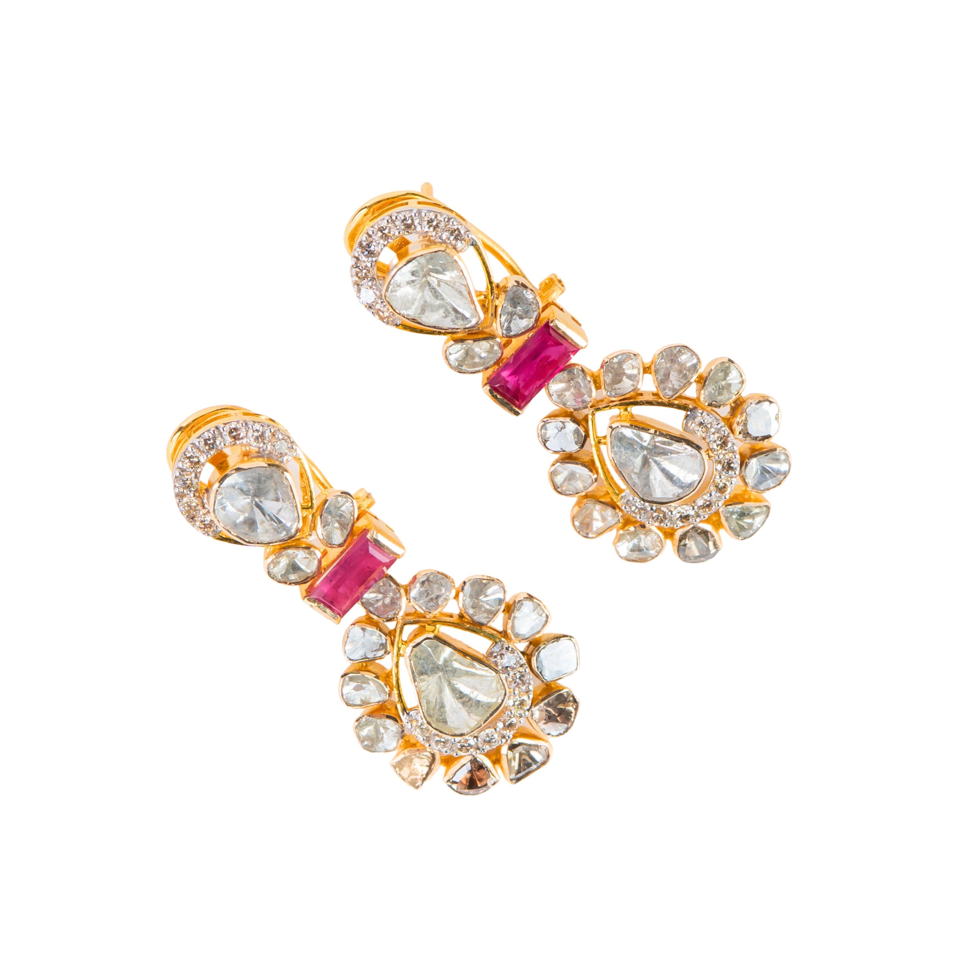 Natural Ruby & diamond polki necklace set in 14k gold im Zustand „Neu“ im Angebot in jaipur, IN