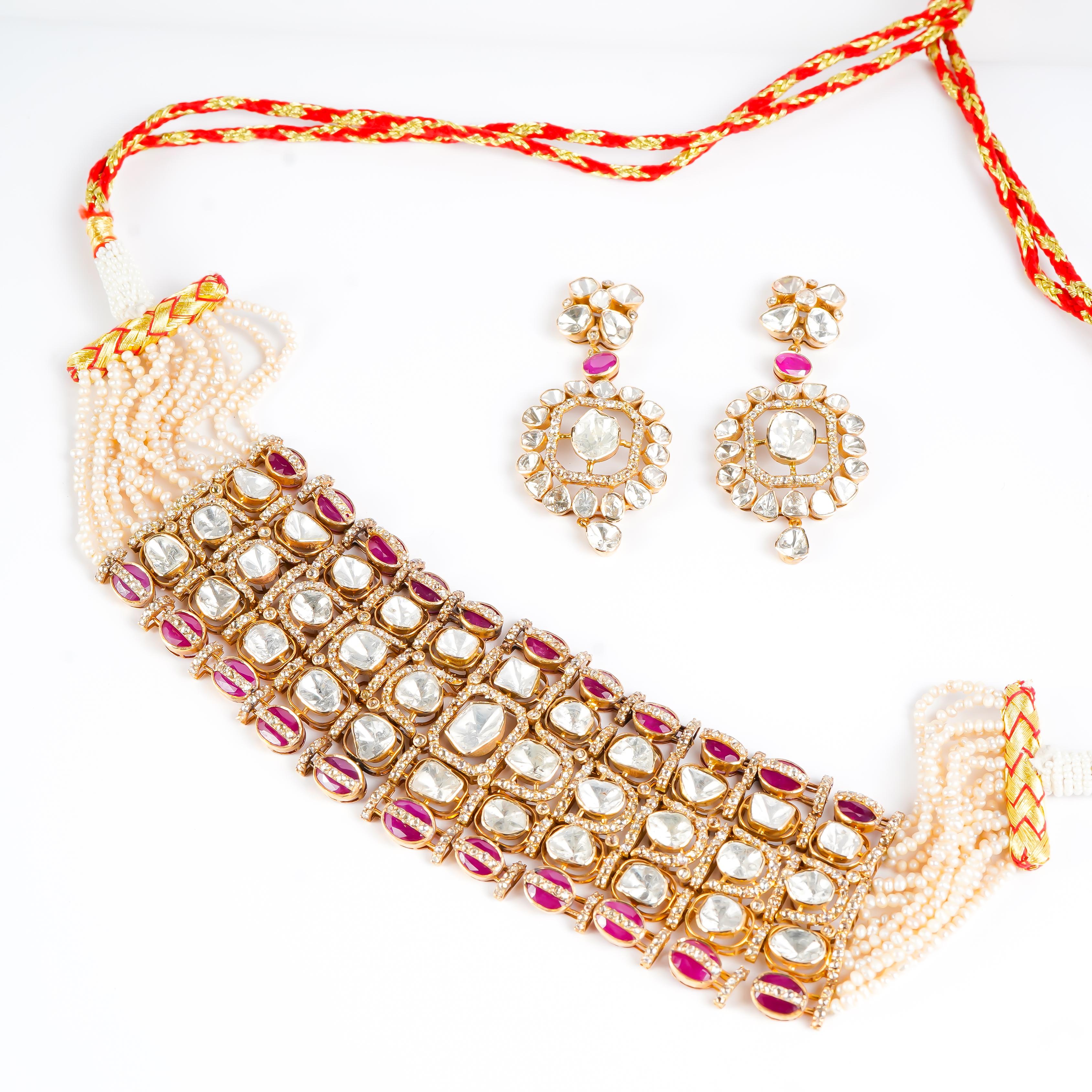 Donna Collana polki con rubino naturale e diamanti in oro 14k in vendita