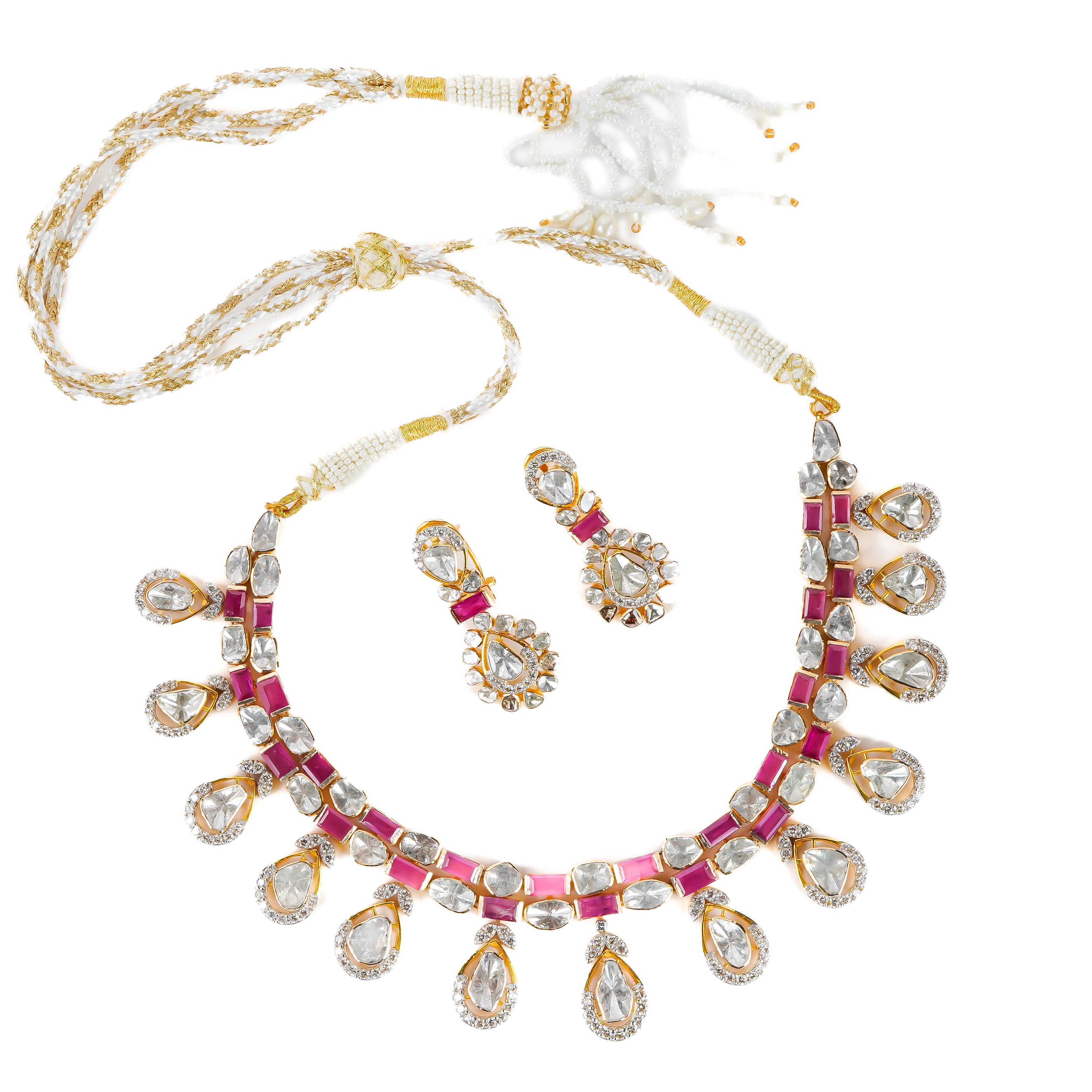 Natural Ruby & diamond polki necklace set in 14k gold Damen im Angebot