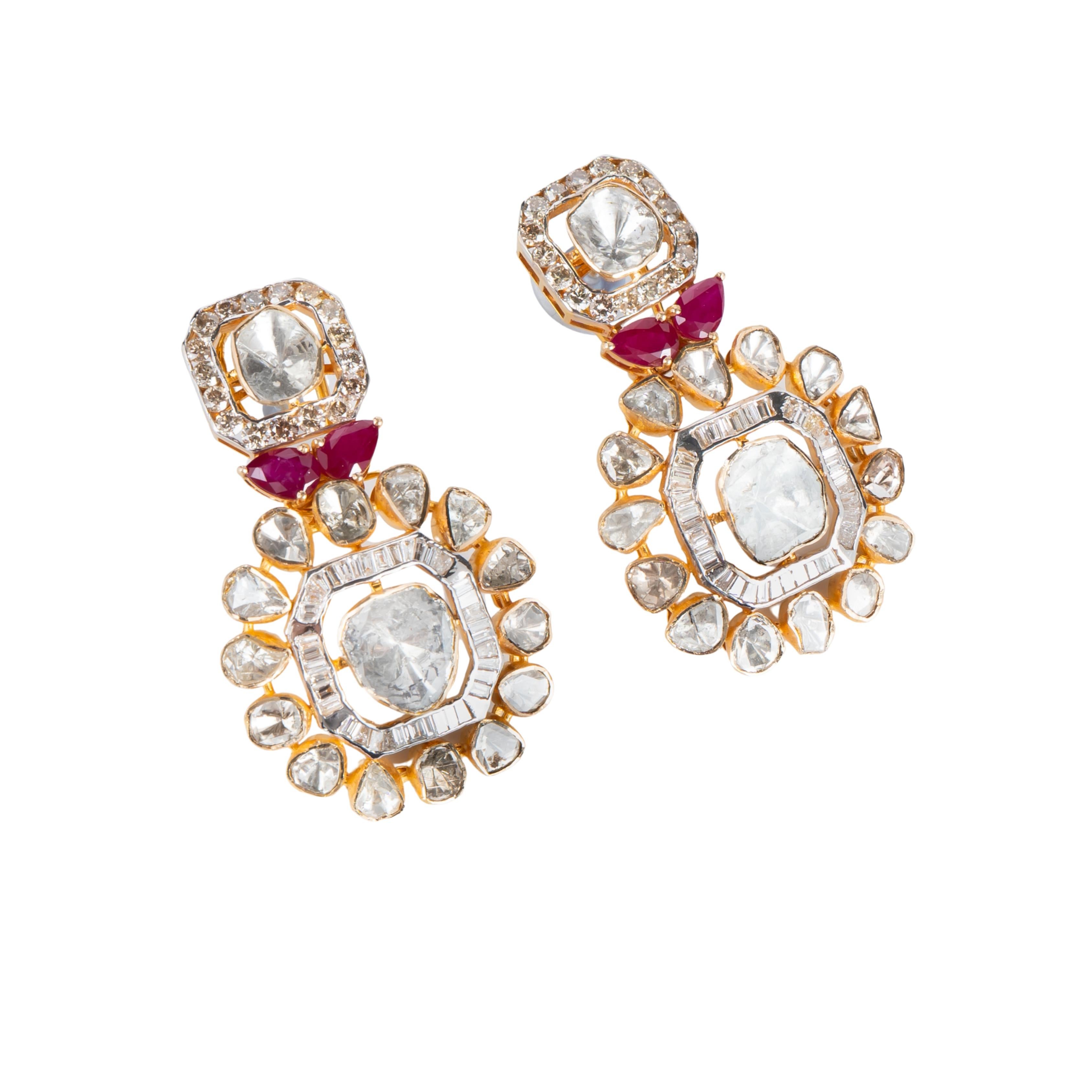Women's Natural Ruby & diamond polki necklace set in 14k gold For Sale