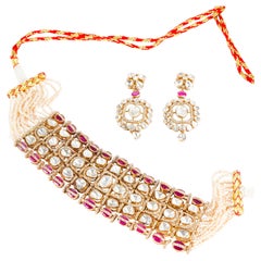 Natural Ruby & diamond polki necklace set in 14k gold