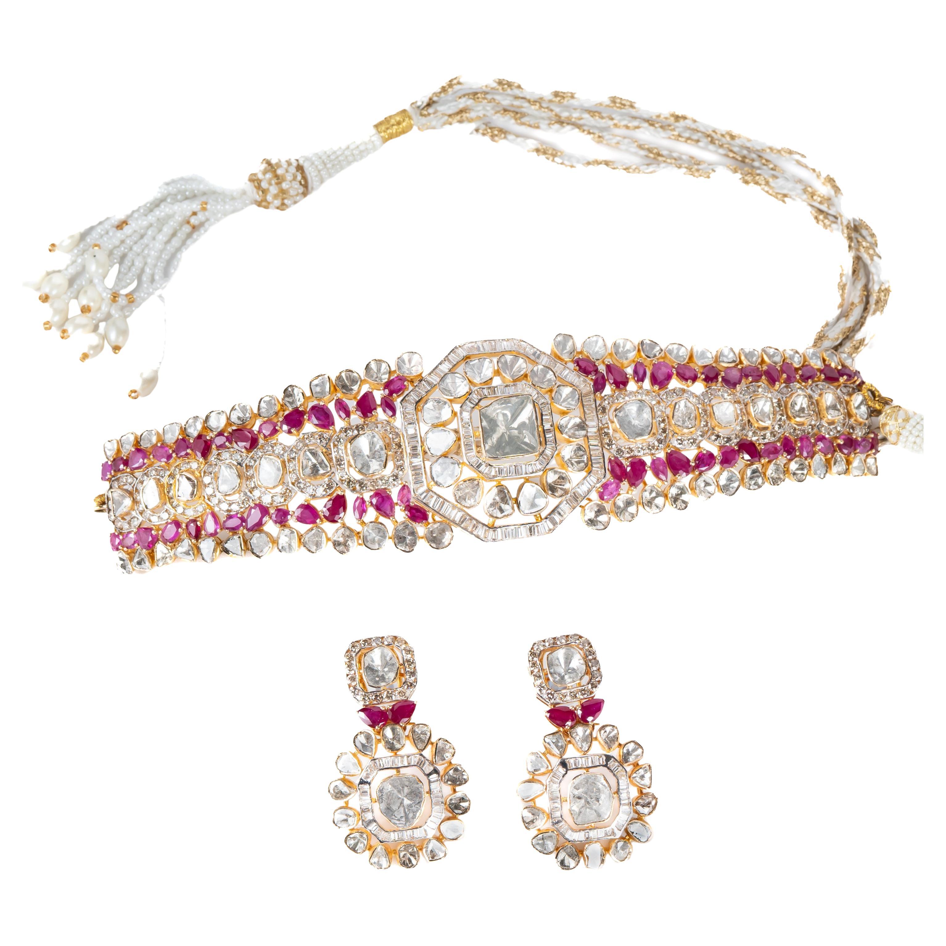 Natural Ruby & diamond polki necklace set in 14k gold