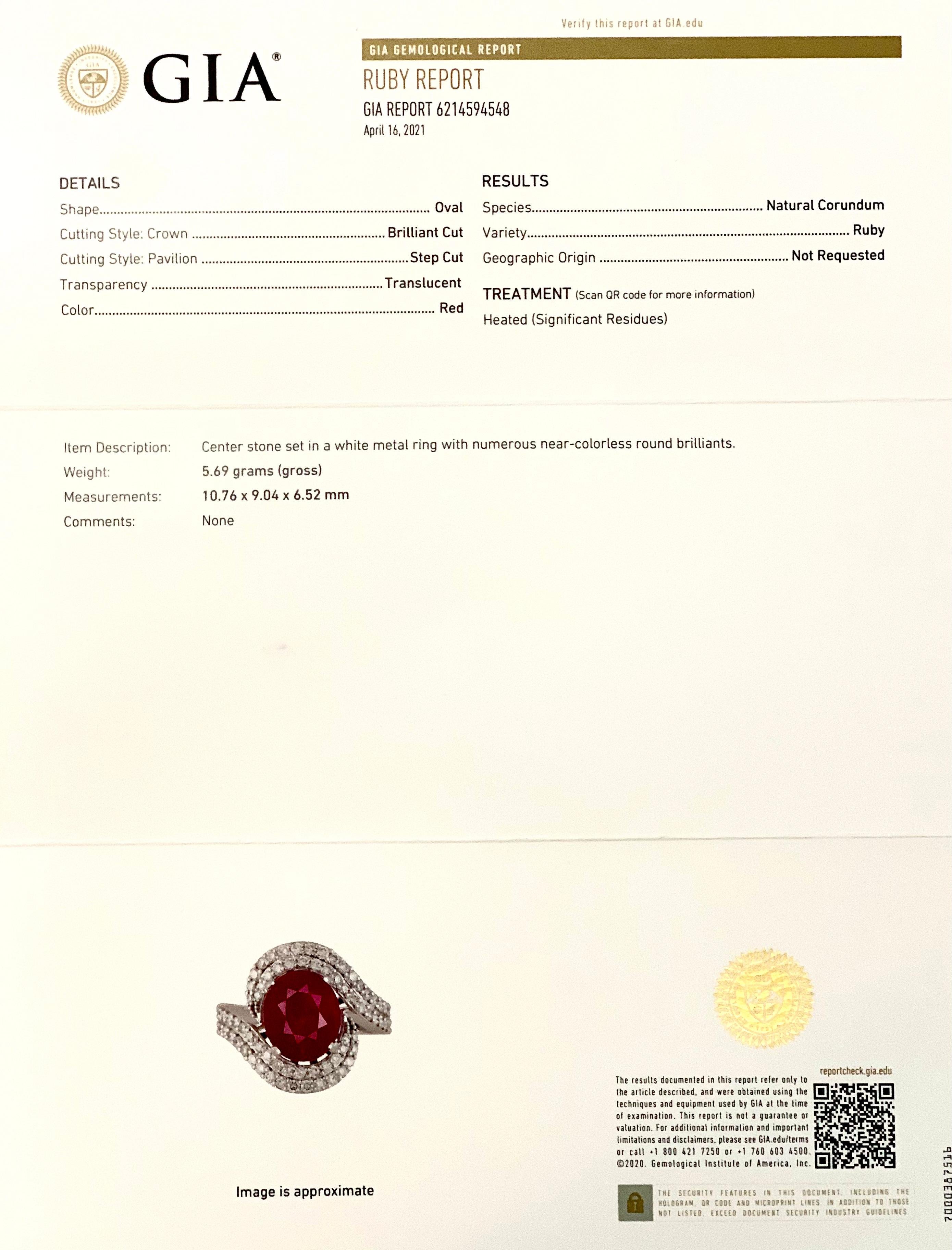Natural Ruby Diamond Ring 14k Gold 6.32 TCW GIA Certified For Sale 4