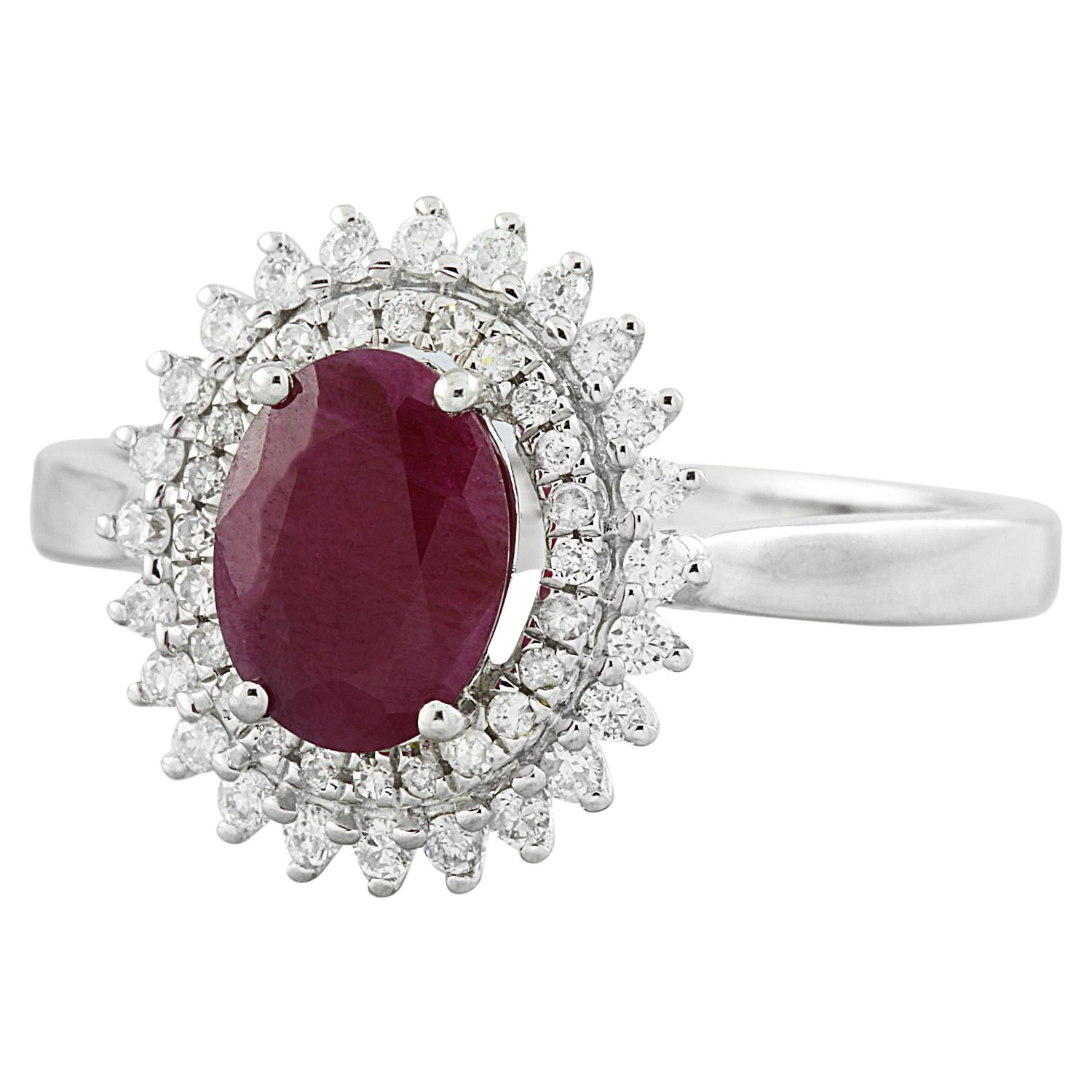 Elevate your style with our exquisite 14K Solid White Gold Diamond Ring, boasting a breathtaking 1.93 Carat Natural Ruby. Stamped with authenticity, this ring showcases superior craftsmanship and timeless elegance. Weighing a total of 2.4 grams, it
