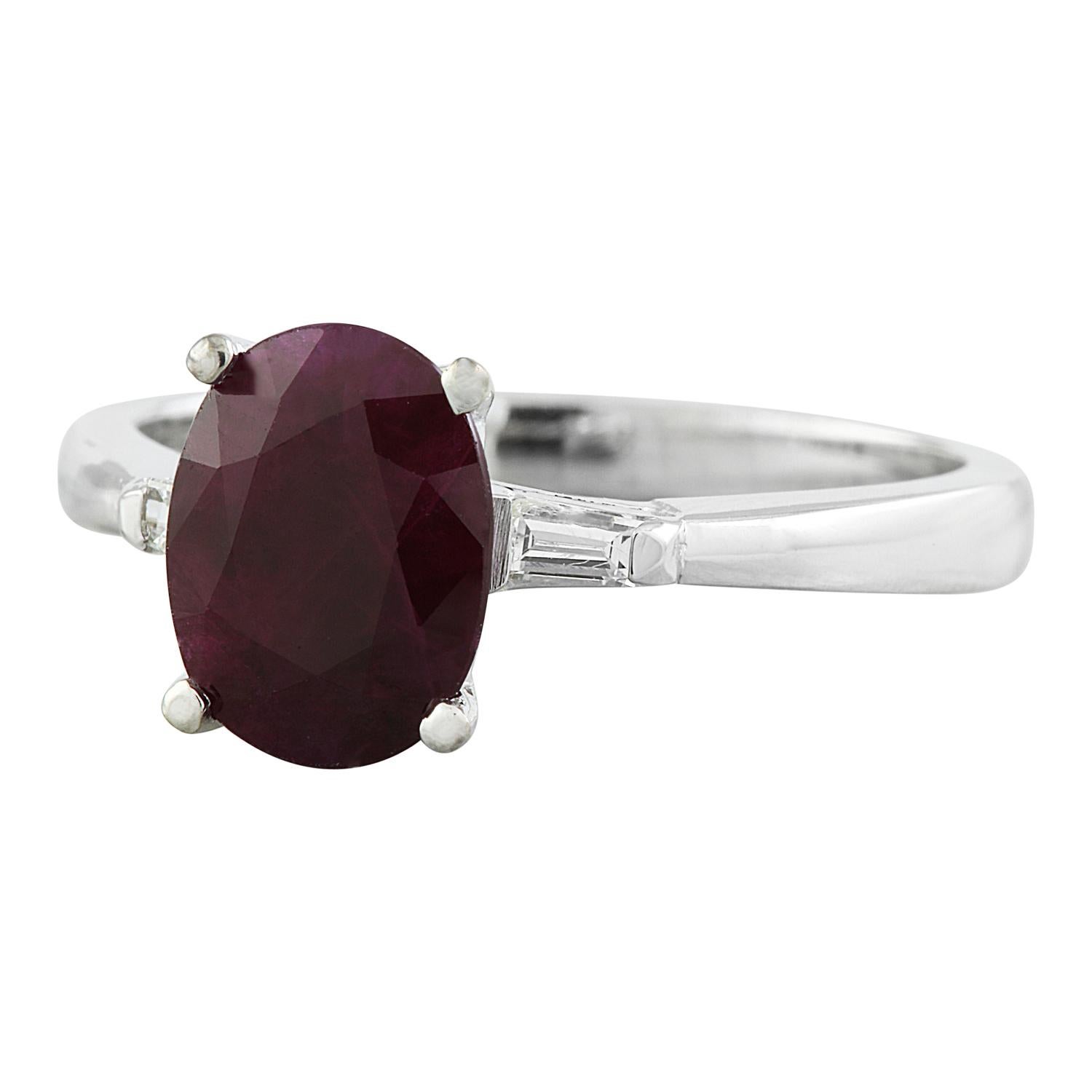 Introducing a mesmerizing work of art, the 1.70 Carat Natural Ruby 14 Karat Solid White Gold Diamond Ring, a testament to exquisite craftsmanship and timeless beauty.

This ring, designed for a ring size 7, boasts a total weight of 3.8 grams,