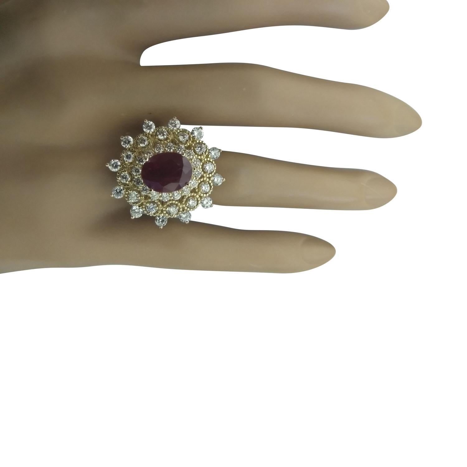 3.96 Carat Natural Ruby 14 Karat Solid Yellow Gold Diamond Ring
Stamped: 14K 
Ring Size 7
Total Ring Weight: 7.5 Grams 
Ruby Weight 2.36 Carat (10.00x8.00 Millimeters)
Natural Ruby Treatment: Heating Only
Diamond Weight: 1.60 Carat (F-G Color,