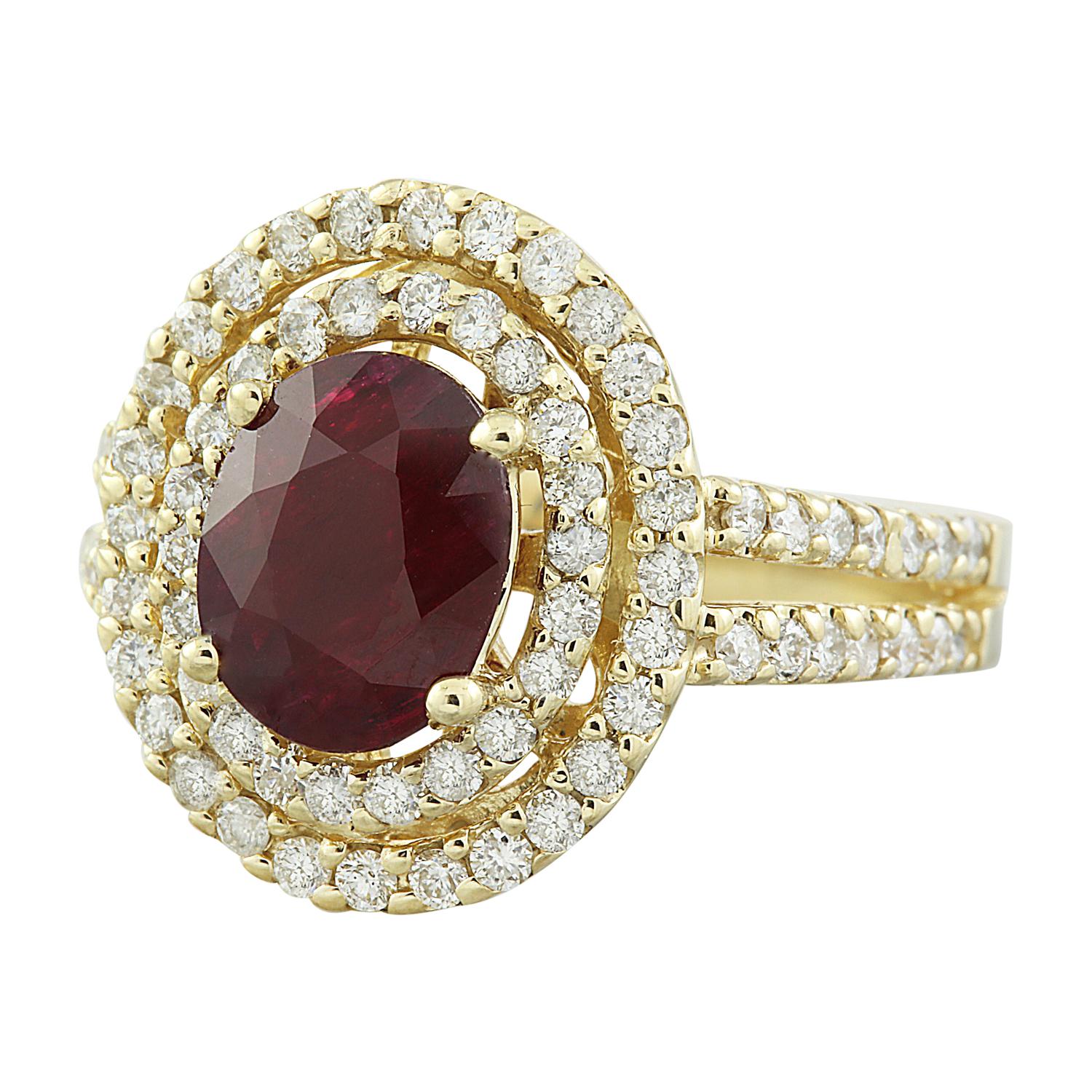 2.77 Carat Natural Ruby 14 Karat Solid Yellow Gold Diamond Ring
Stamped: 14K 
Ring Size 7
Total Ring Weight: 7 Grams 
Ruby Weight 1.65 Carat (9.00x7.00 Millimeters)
Natural Ruby Treatment: Heating Only
Diamond Weight: 1.12 Carat (F-G Color, VS2-SI1