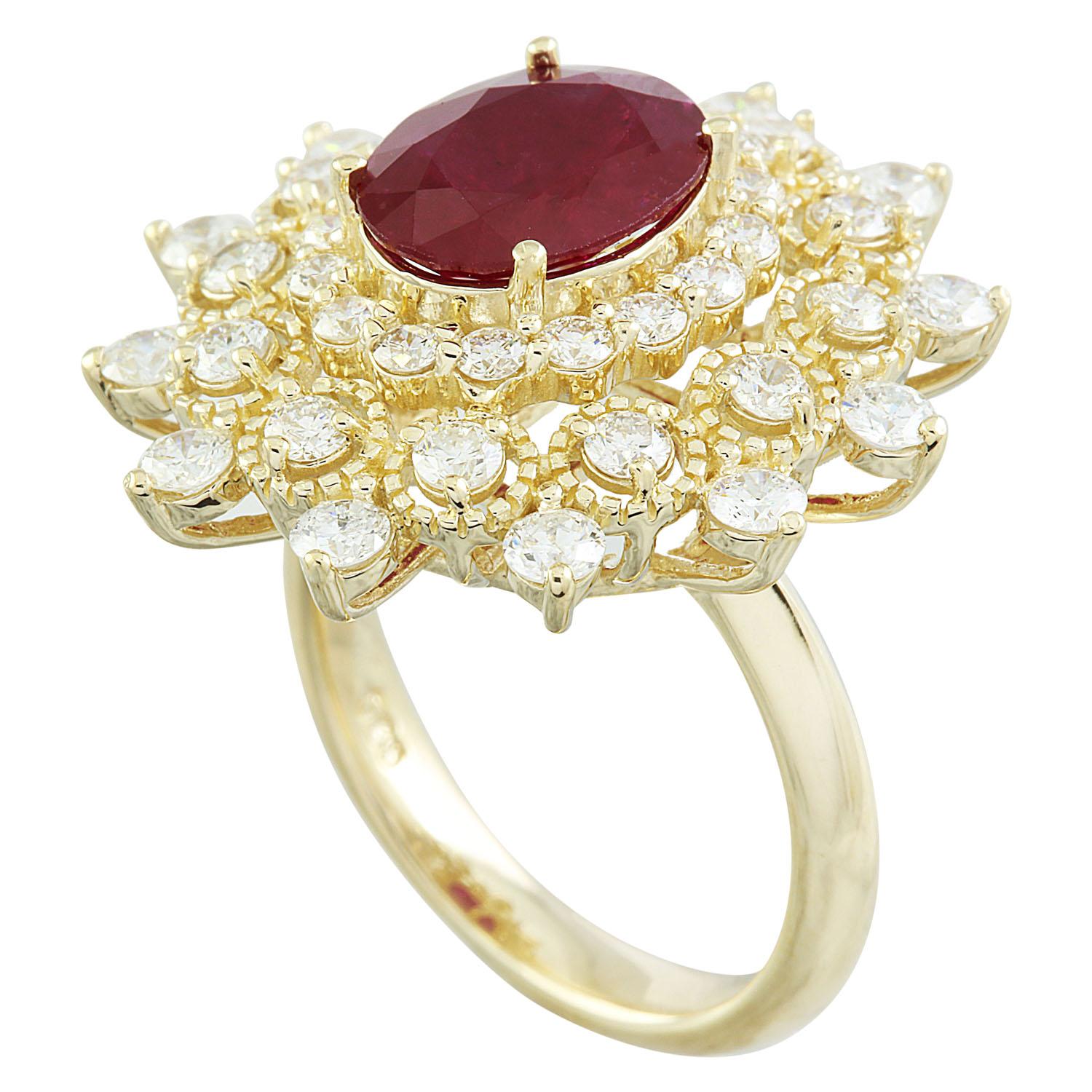 Oval Cut Natural Ruby Diamond Ring in 14 Karat Solid Yellow Gold For Sale