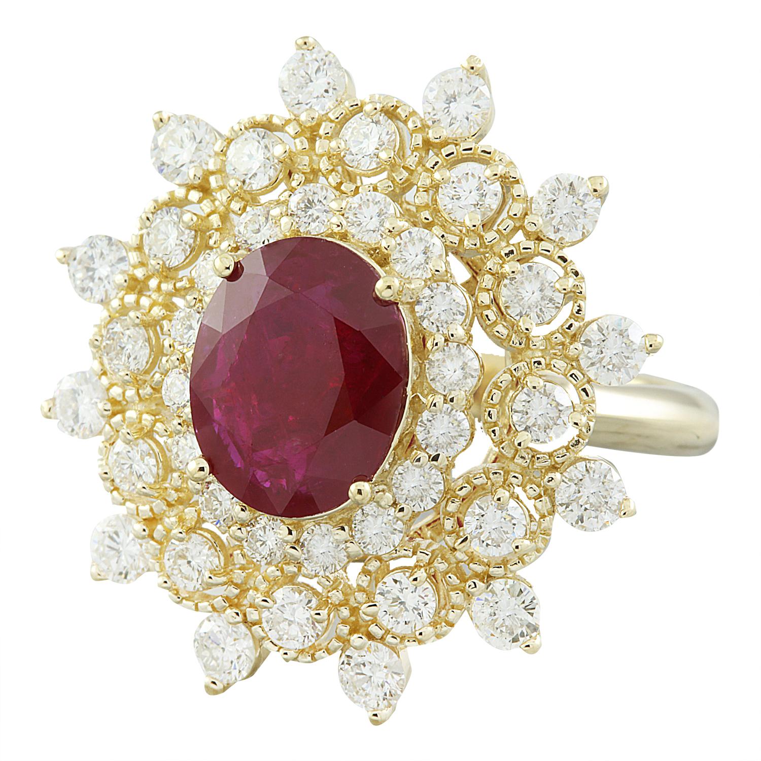 Women's Natural Ruby Diamond Ring in 14 Karat Solid Yellow Gold For Sale