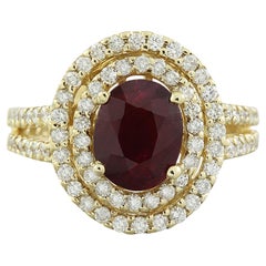 Bague en or jaune massif 14 carats avec rubis naturel et diamant 