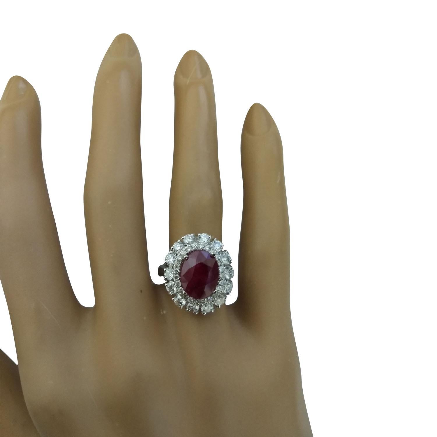 4.10 Carat Natural Ruby 14 Karat Solid White Gold Diamond Ring
Stamped: 14K 
Total Ring Weight: 5 Grams 
Ruby Weight 2.50 Carat (10.00x8.00 Millimeters)
Diamond Weight: 1.60 carat (F-G Color, VS2-SI1 Clarity 
Quantity: 38
Face Measures: 17.55x15.15