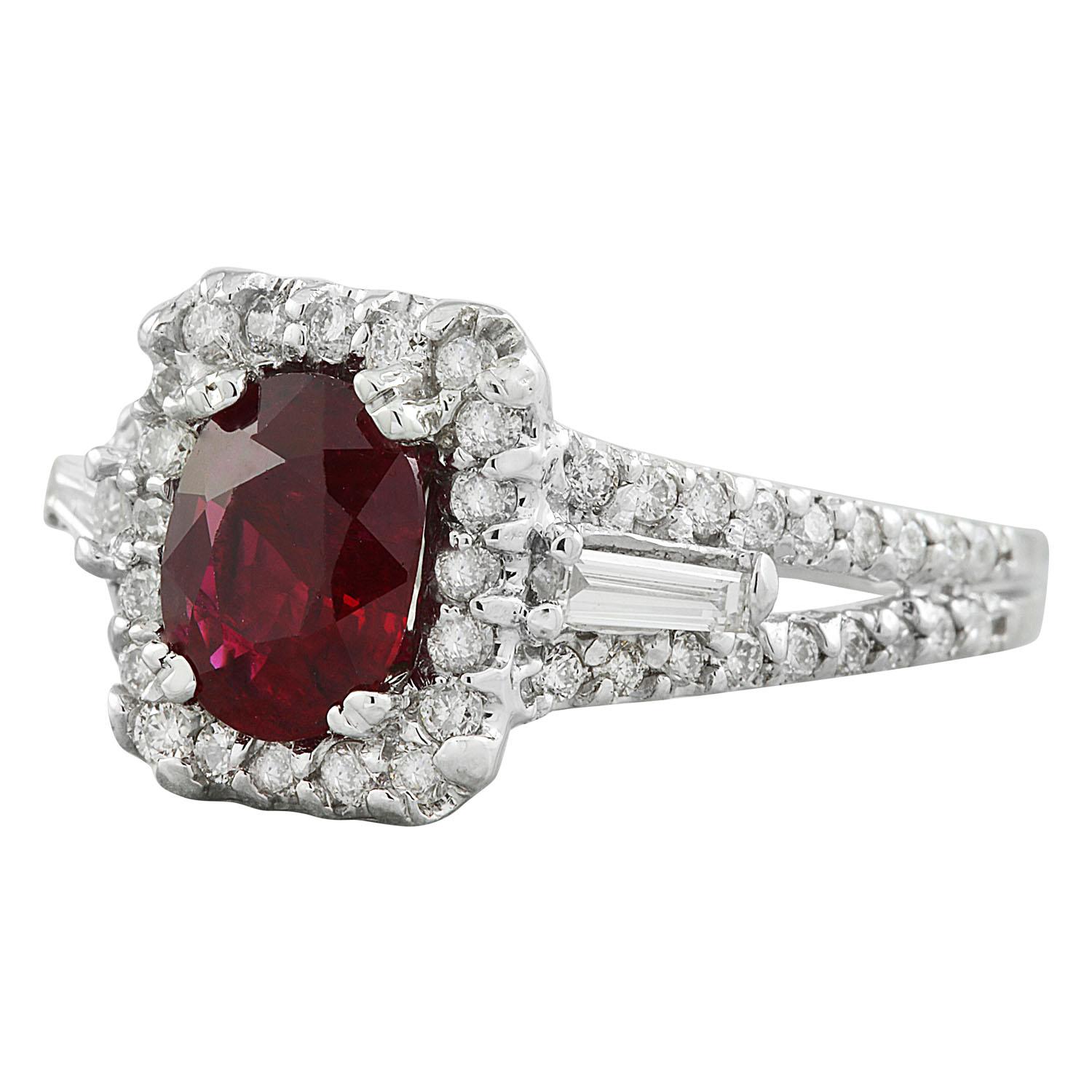 2.38 Carat Natural Ruby 14 Karat Solid White Gold Diamond Ring
Stamped: 14K 
Total Ring Weight: 6 Grams
Ruby Weight 1.38 Carat (8.00x6.00 Millimeters)
Diamond Weight: 1.00 carat (F-G Color, VS2-SI1 Clarity )
Face Measures: 16.90x20.25 Millimeter