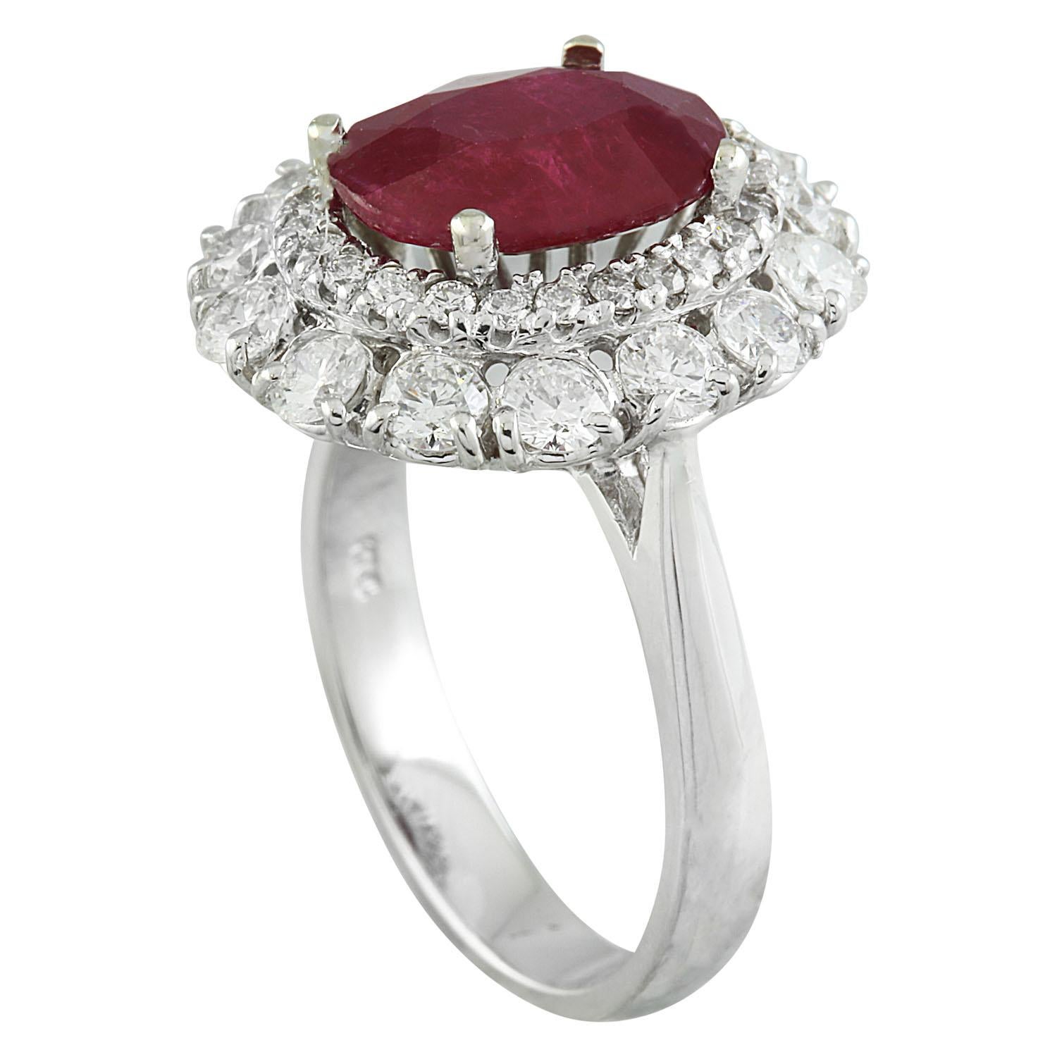 Oval Cut Natural Ruby Diamond Ring In 14 Karat White Gold  For Sale