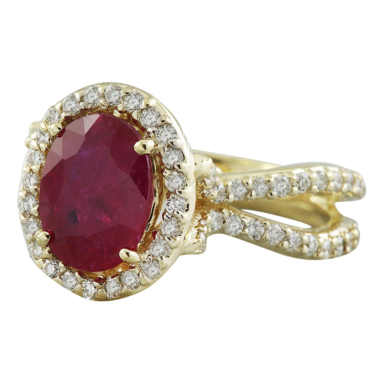 3.04 Carat Natural Ruby 14 Karat Solid Yellow Gold Diamond Ring
Stamped: 14K 
Total Ring Weight: 6 Grams 
Ruby Weight: 2.34 Carat (9.00x7.00 Millimeters) 
Diamond Weight: 0.70 carat (F-G Color, VS2-SI1 Clarity)
Quantity: 90
Face Measures: