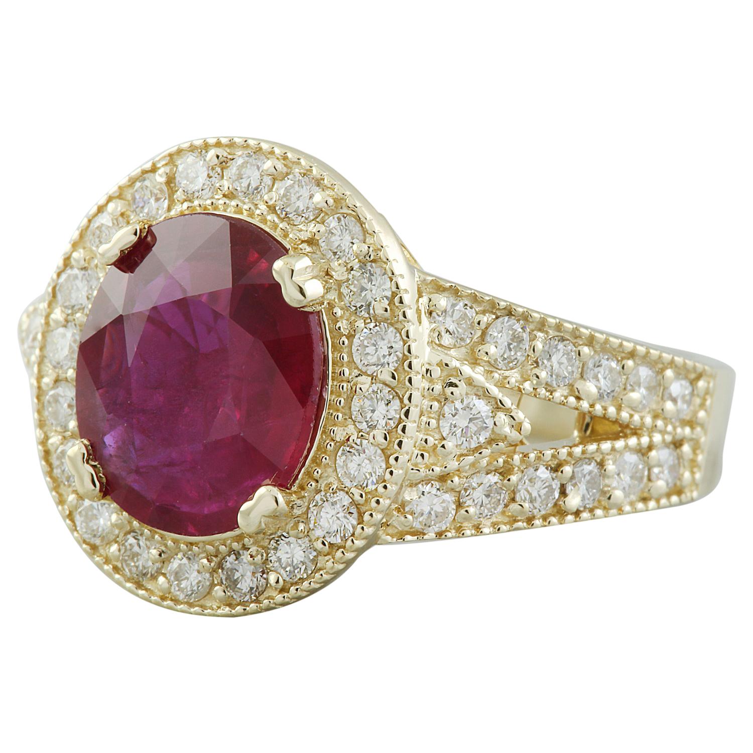 3.70 Carat Natural Ruby 14 Karat Solid Yellow Gold Diamond Ring
Stamped: 14K 
Total Ring Weight: 8 Grams 
Ruby Weight: 2.80 Carat (10.00x8.00 Millimeters) 
Diamond Weight: 0.90 carat (F-G Color, VS2-SI1 Clarity )
Quantity: 46
Face Measures: