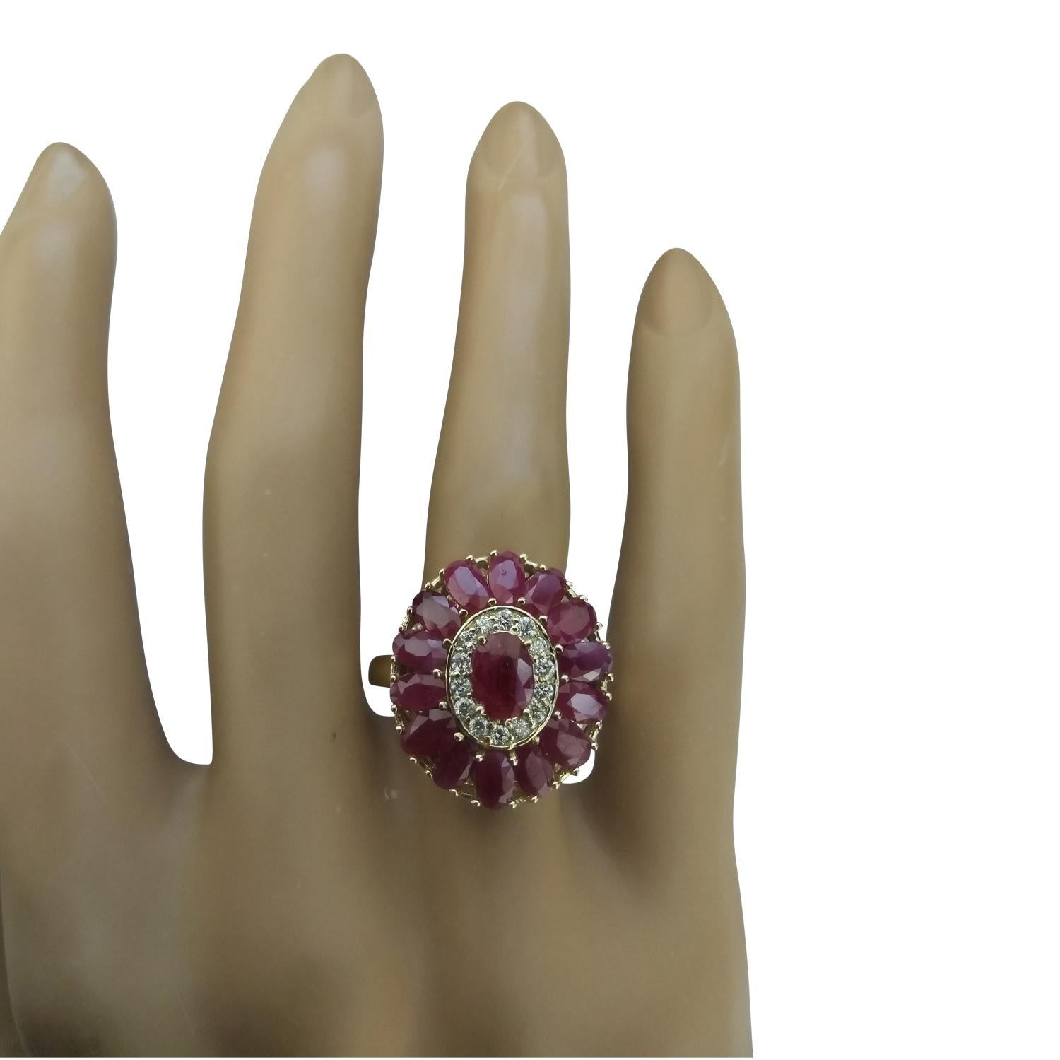 4.40 Carat Natural Ruby 14 Karat Solid Yellow Gold Diamond Ring
Stamped: 14K
Total Ring Weight: 6.3 Grams 
Ruby Weight 4.05 Carat (1- 6.00x4.00mm, 14 - 3.00x5.00mm) 
Diamond Weight: 0.35 carat (F-G Color, VS2-SI1 Clarity )
Face Measures: 20.30x17.80
