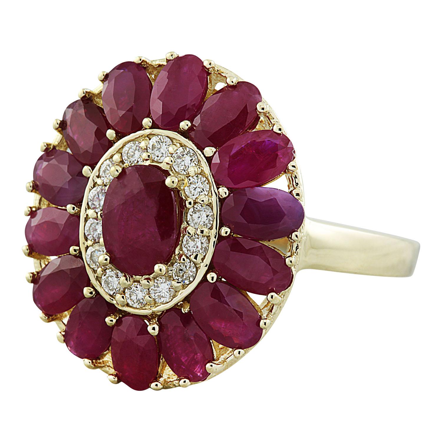 4.40 Carat Natural Ruby 14 Karat Solid Yellow Gold Diamond Ring
Stamped: 14K
Total Ring Weight: 6.3 Grams 
Ruby Weight 4.05 Carat (1- 6.00x4.00mm, 14 - 3.00x5.00mm) 
Diamond Weight: 0.35 carat (F-G Color, VS2-SI1 Clarity )
Face Measures: 20.30x17.80