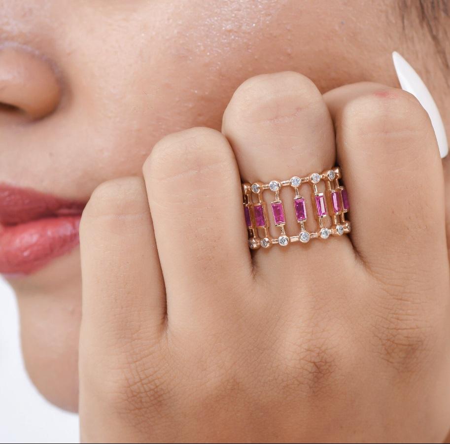 Anillo de rubí natural y diamante en oro de 14k Corte Asscher en venta