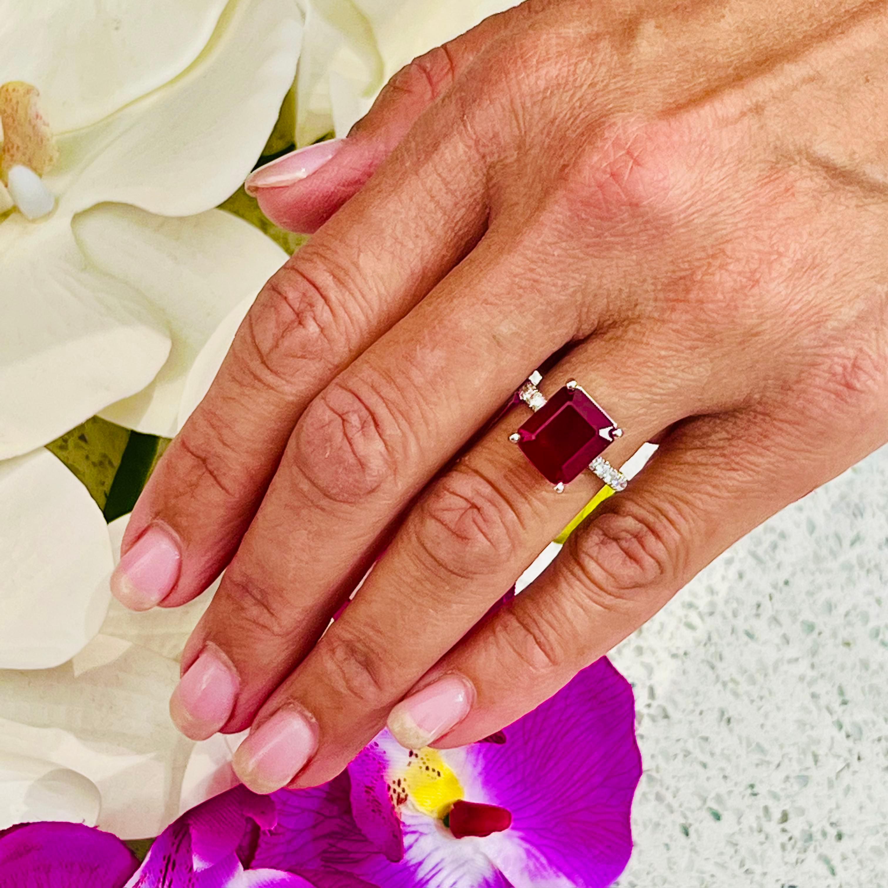 Emerald Cut Natural Ruby Diamond Ring 14k W Gold 8.4 TCW Certified