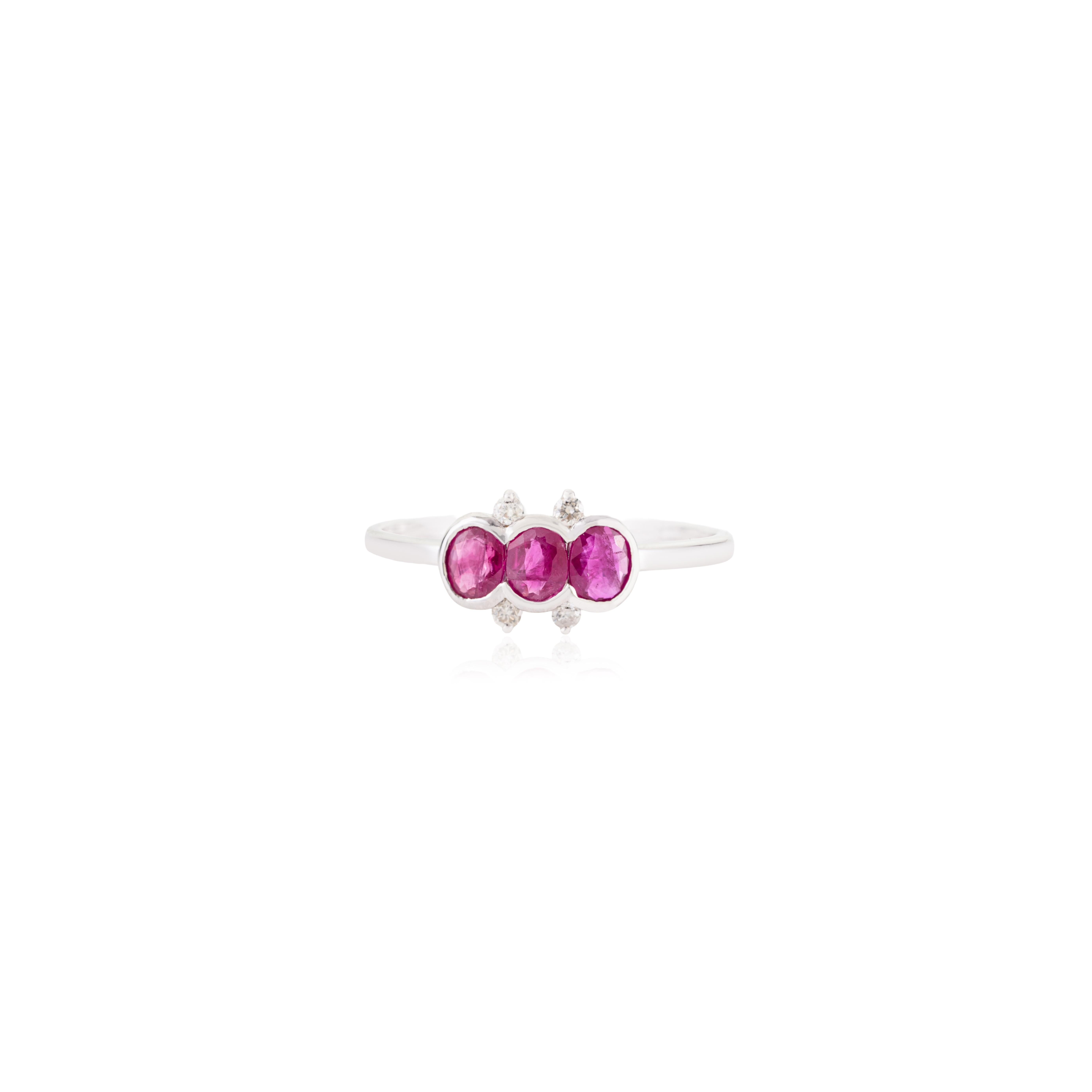 Natural Ruby & Diamond Three Stone Ring Bezel Set… - image 7