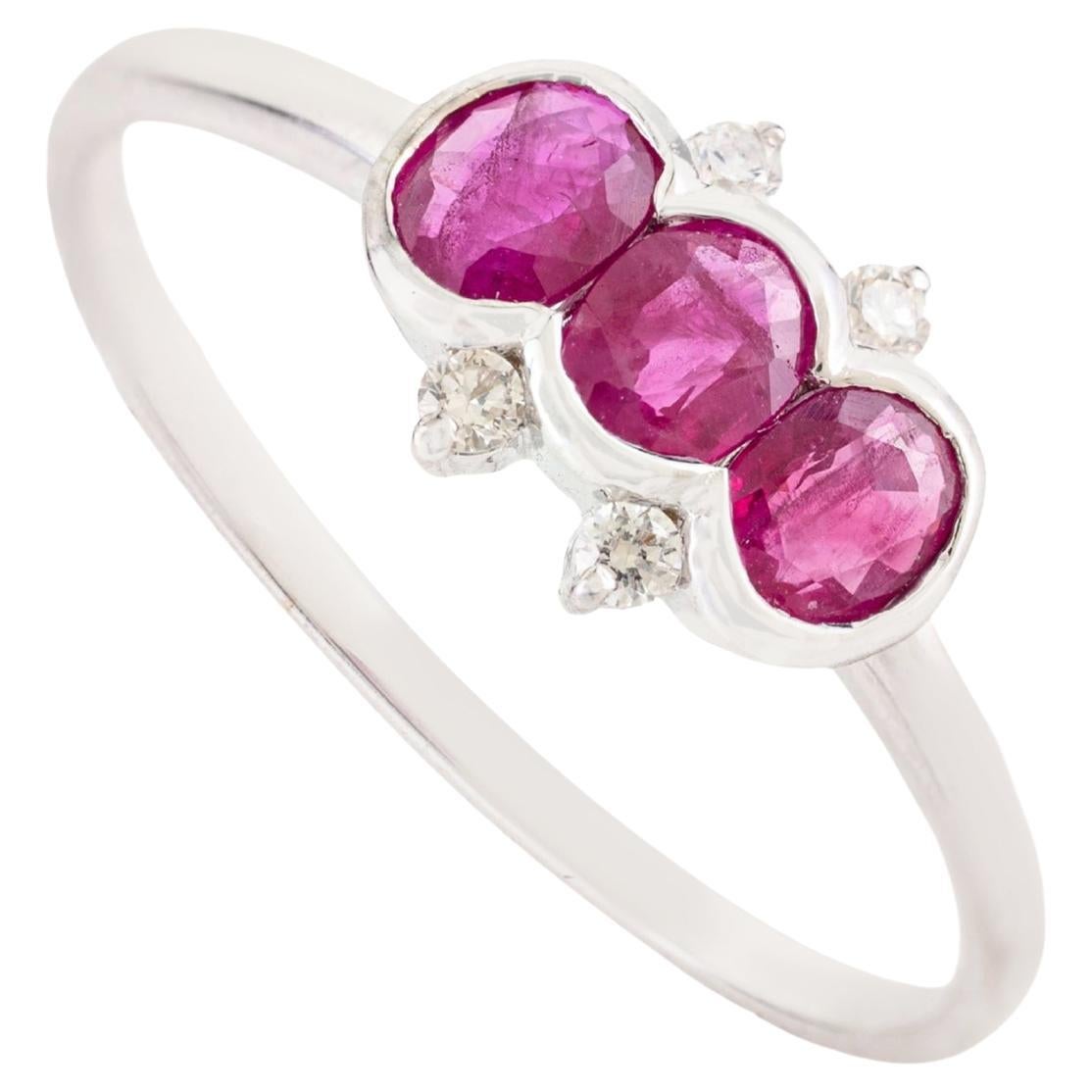 Natural Ruby & Diamond Three Stone Ring Bezel Set… - image 1