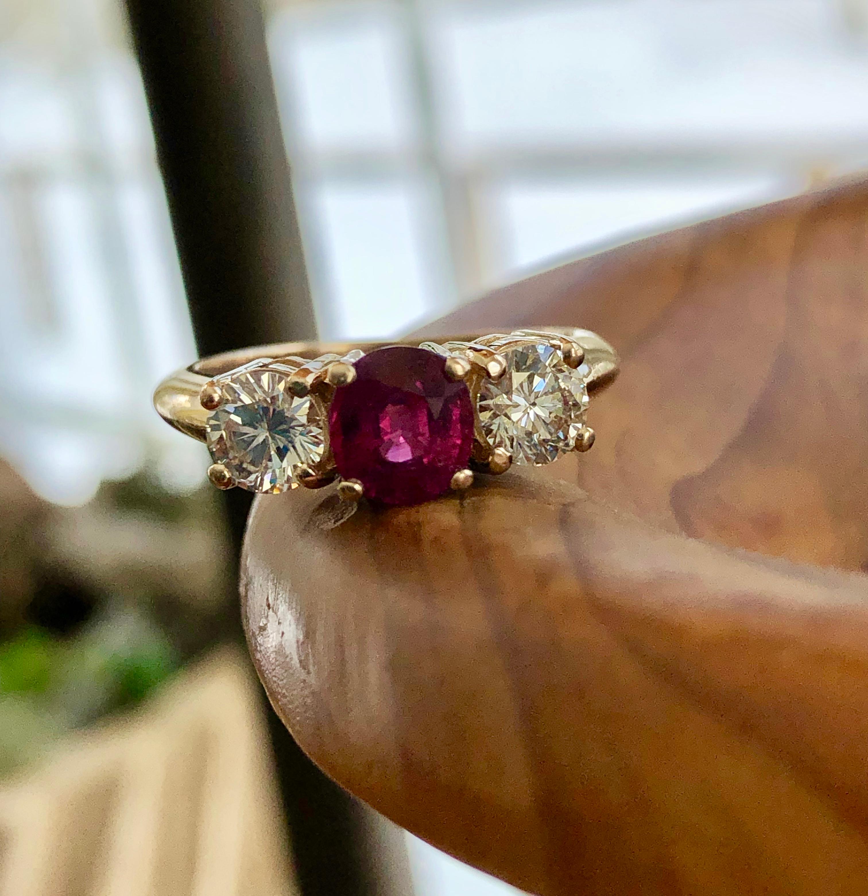 Natural Ruby Diamond Trilogy Engagement Ring 18k Gold For Sale 2