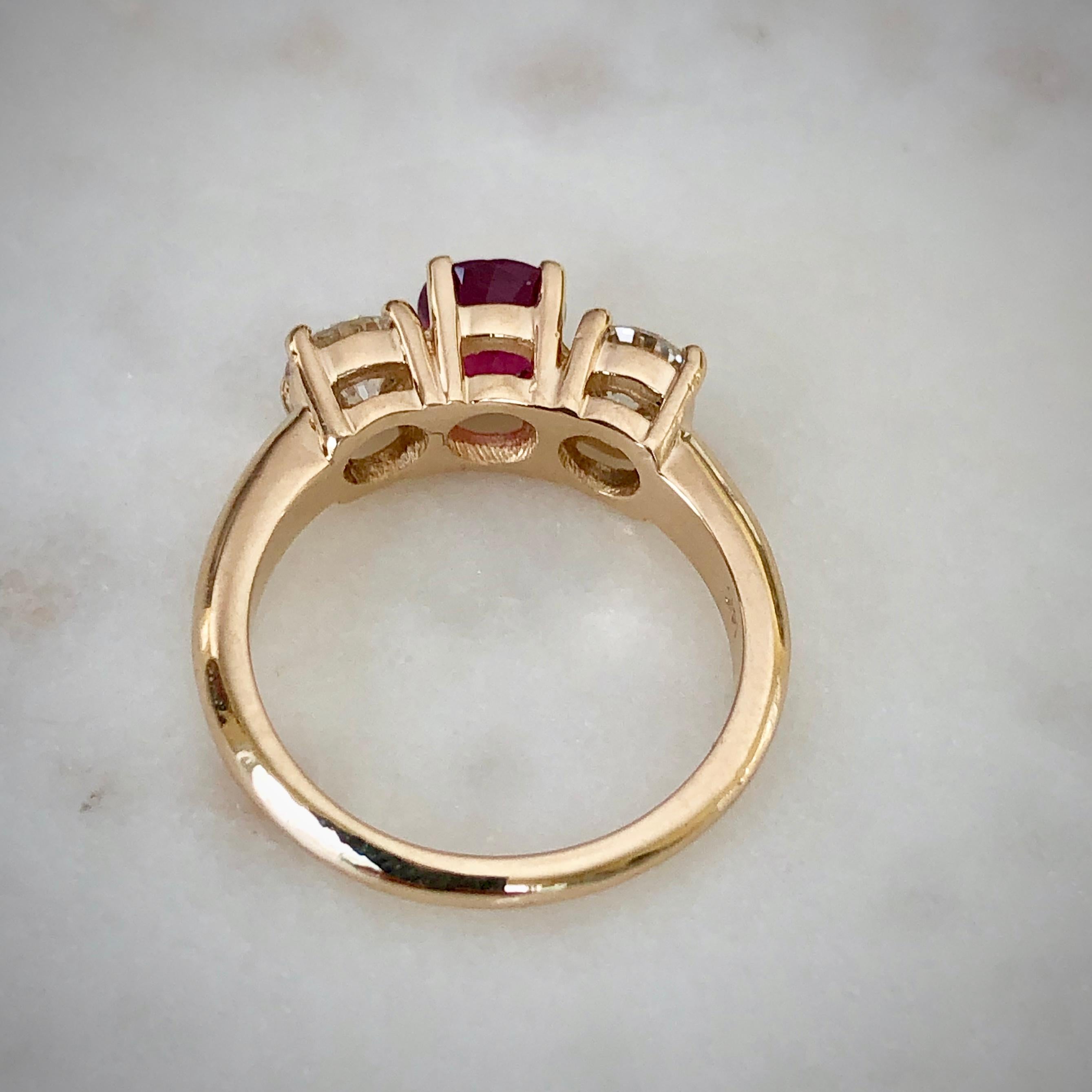 Natural Ruby Diamond Trilogy Engagement Ring 18k Gold For Sale 3