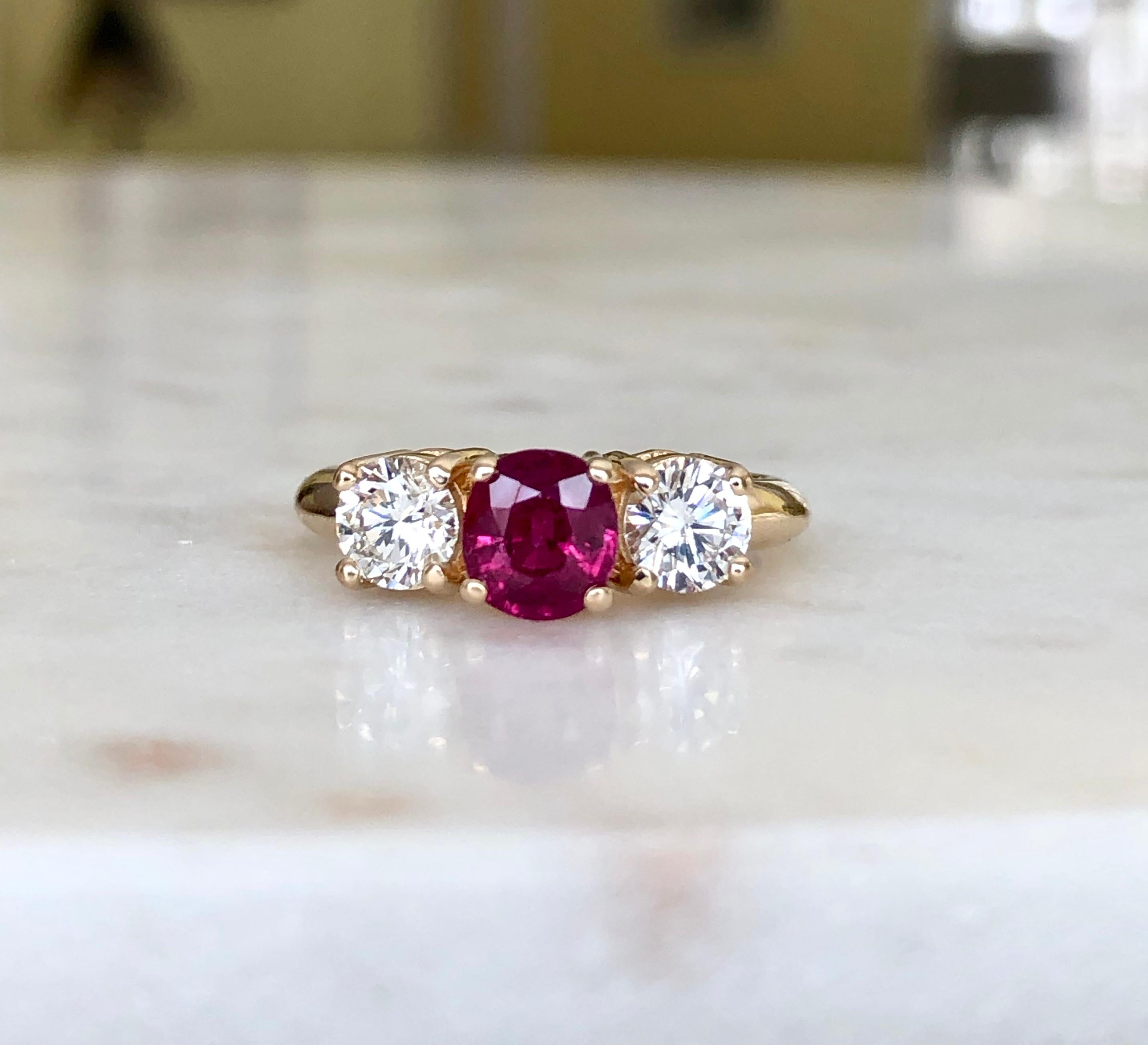 Edwardian Natural Ruby Diamond Trilogy Engagement Ring 18k Gold For Sale