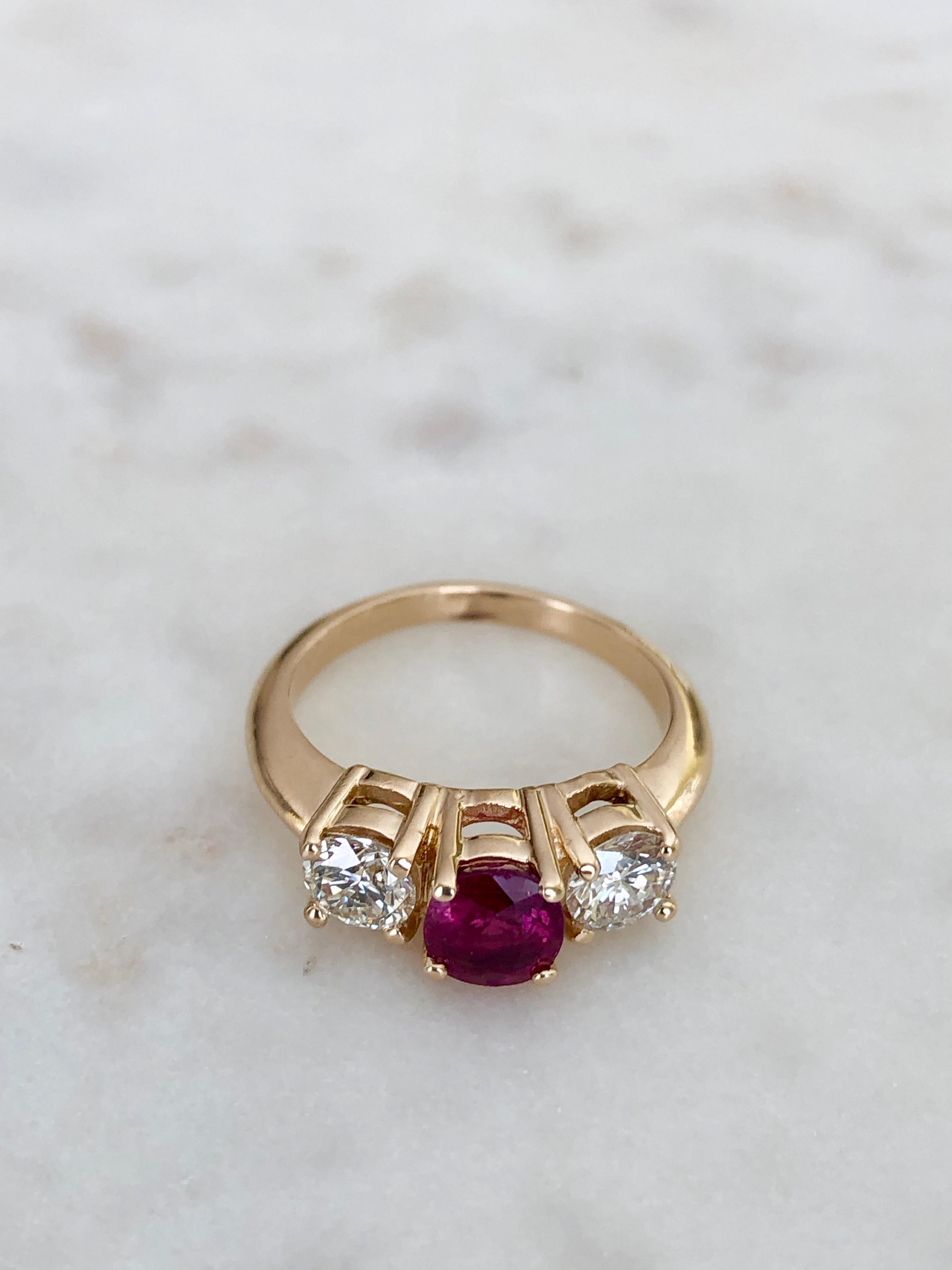 Natural Ruby Diamond Trilogy Engagement Ring 18k Gold For Sale 1