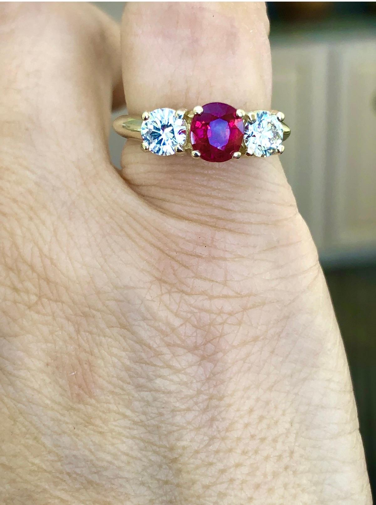 Natural Ruby Diamond Trilogy Engagement Ring 18k Gold For Sale 1