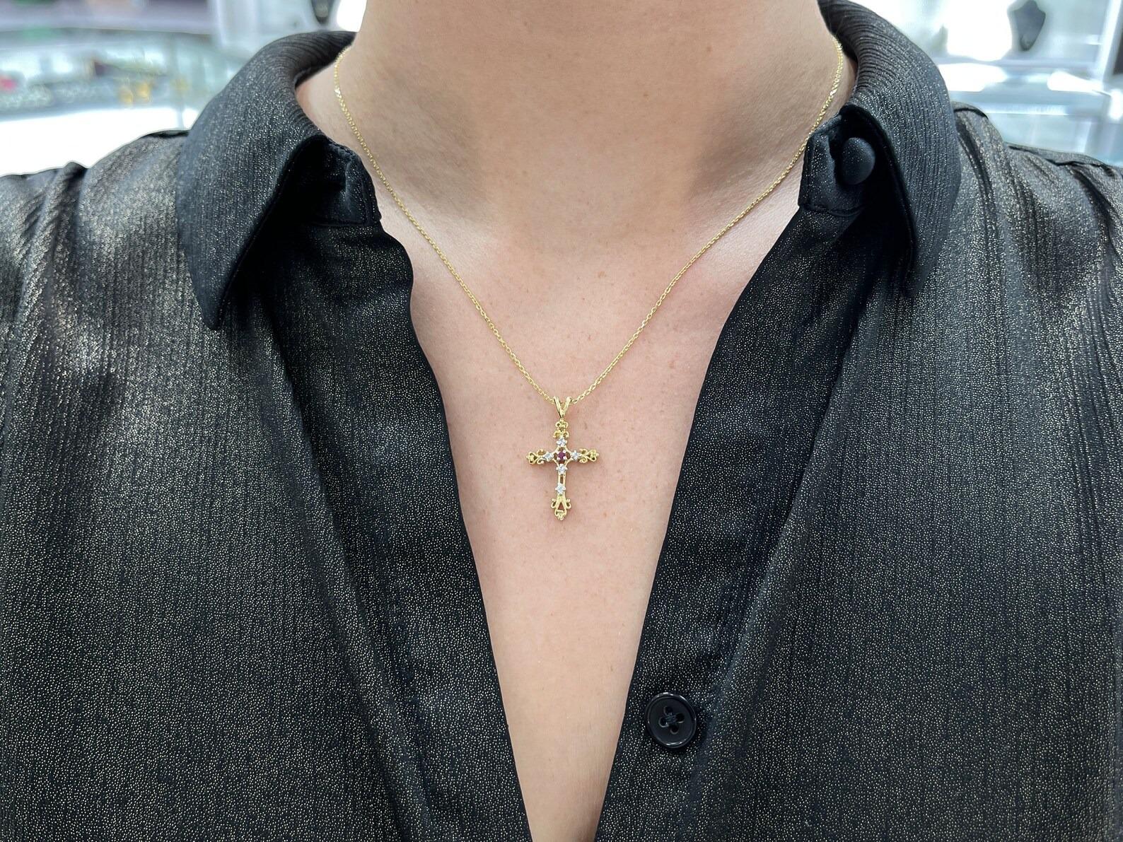 Art Nouveau Natural Ruby & Diamond Two-Toned Gold Cross Unisex Pendant / Necklace 14K For Sale