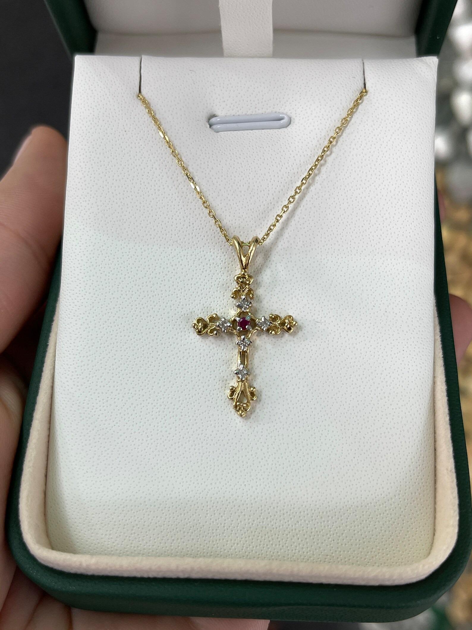 Natural Ruby & Diamond Two-Toned Gold Cross Unisex Pendant / Necklace 14K In New Condition For Sale In Jupiter, FL