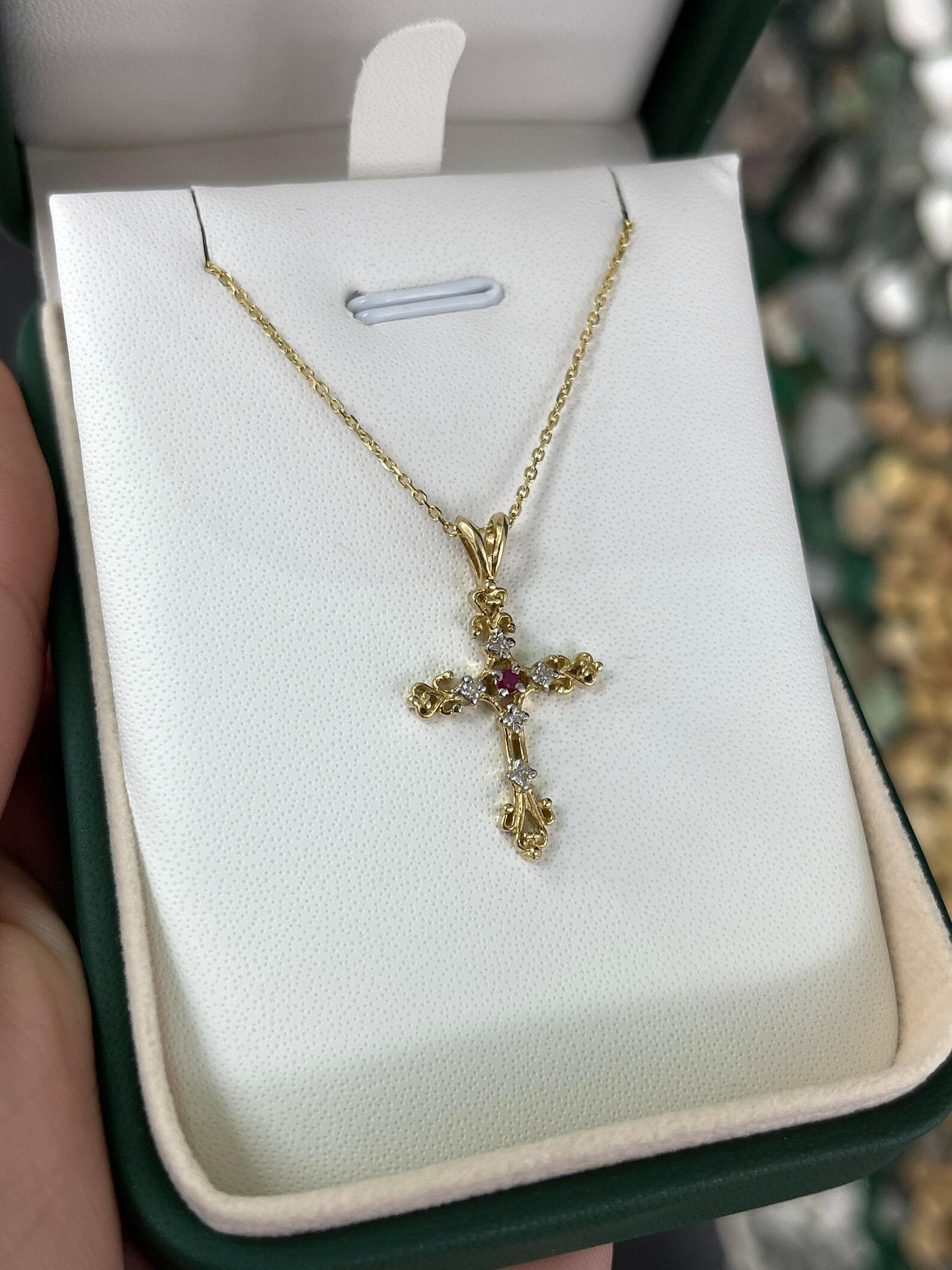 Natural Ruby & Diamond Two-Toned Gold Cross Unisex Pendant / Necklace 14K For Sale 1