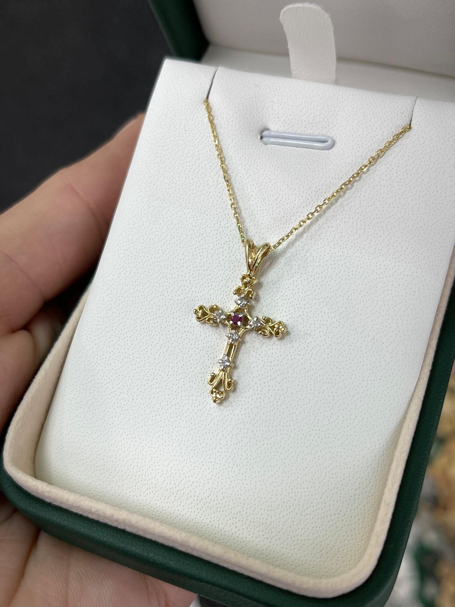 Natural Ruby & Diamond Two-Toned Gold Cross Unisex Pendant / Necklace 14K For Sale 2