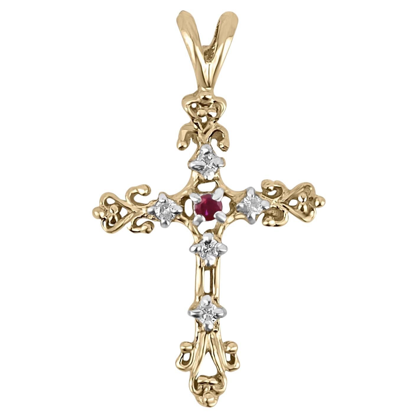 Natural Ruby & Diamond Two-Toned Gold Cross Unisex Pendant / Necklace 14K For Sale