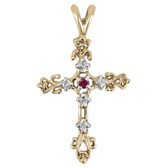 Pendentif/ collier unisexe en or bicolore 14 carats avec croix en rubis naturel et diamants