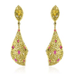 Pendientes colgantes de rubí natural y diamantes estilo victoriano en oro de 14k y plata