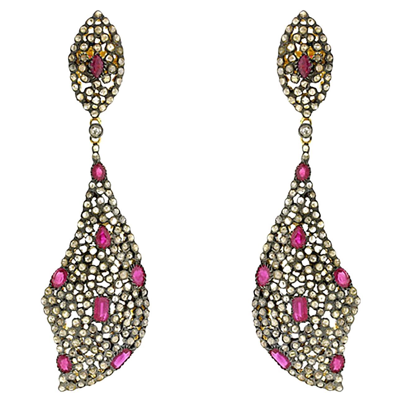 Natural Ruby 
Diamond Victorian Style Dangle Earrings In 14k Gold 
Silver