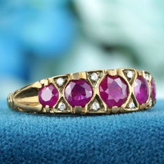 Natural Ruby Diamond Vintage Style Five Stone Band Ring in Solid 9K Yellow Gold