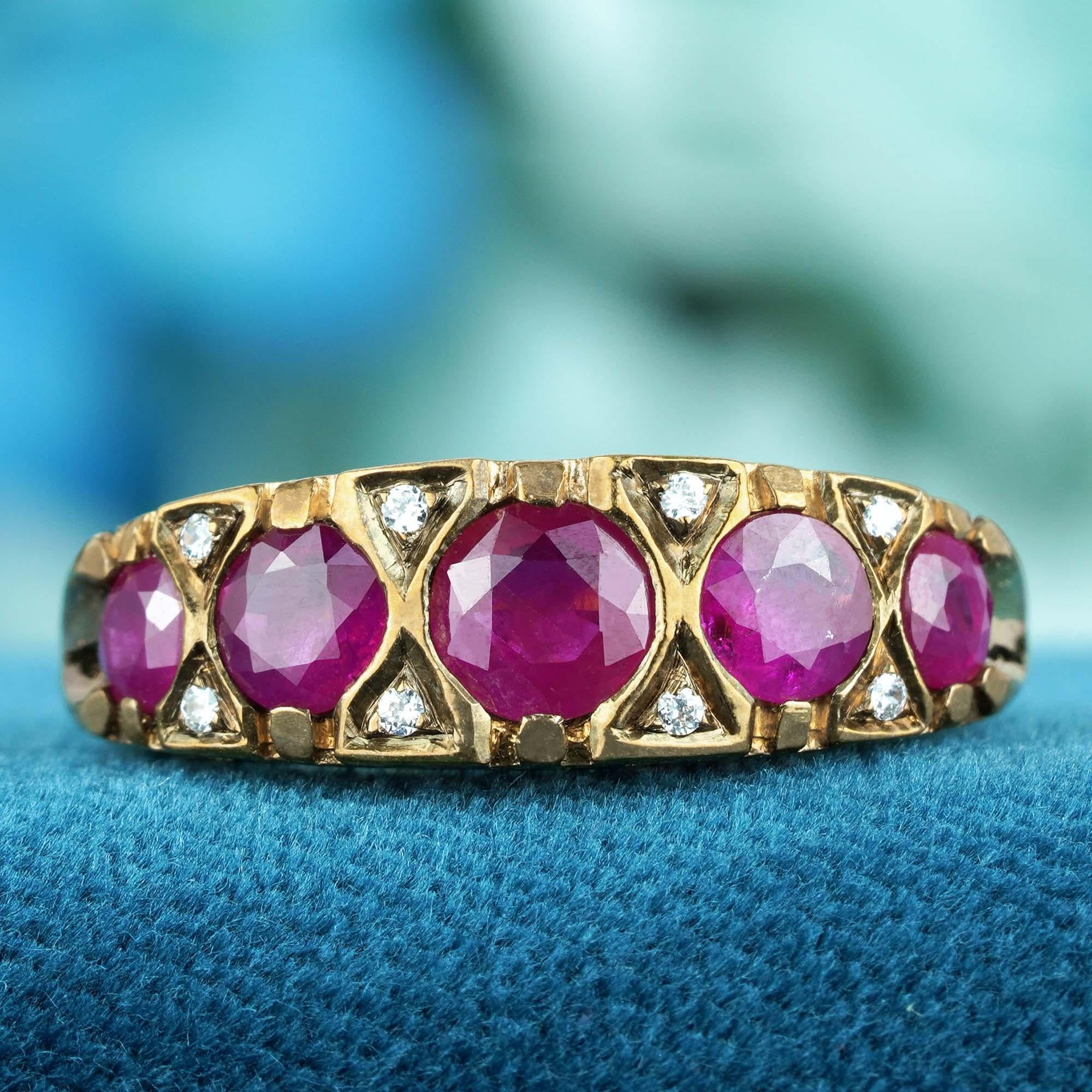 Edwardian Natural Ruby Diamond Vintage Style Five Stone Band Ring in Solid 9K Yellow Gold For Sale