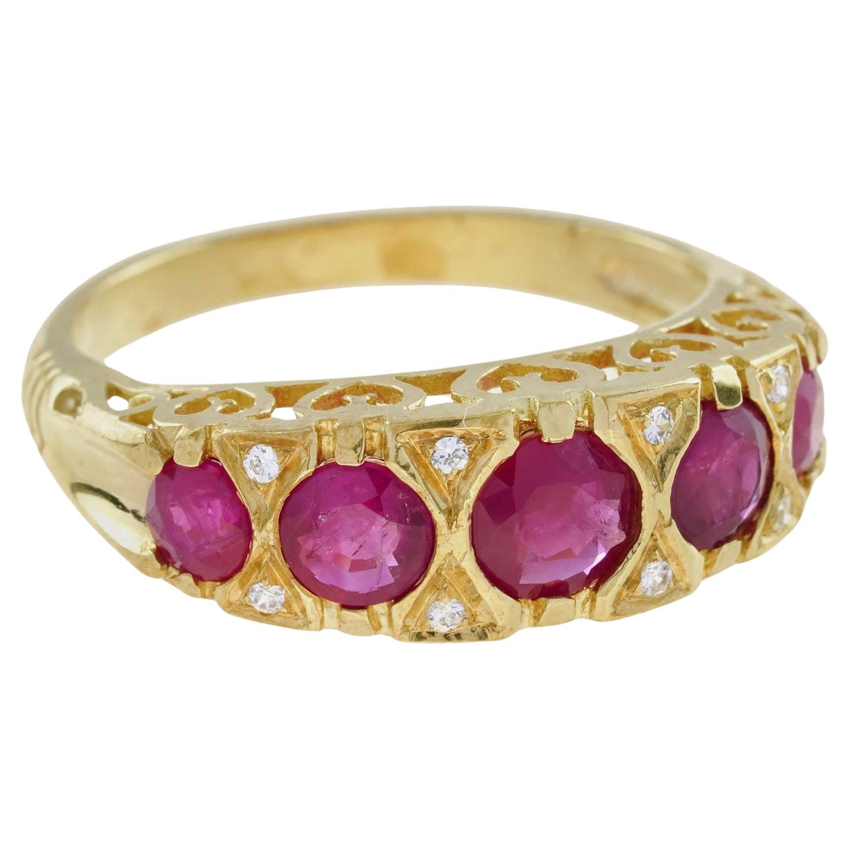 Vintage-Ring aus massivem 9 Karat Gelbgold mit natürlichem Rubin und Diamant im Vintage-Stil mit fünf Steinen im Angebot