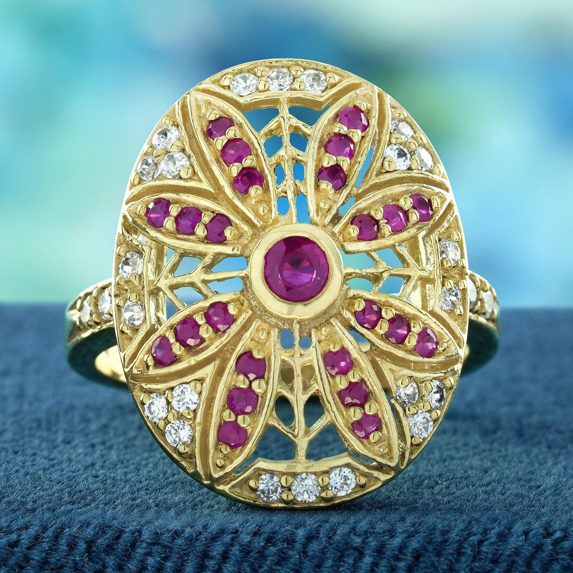 Indulge in the beauty of our Natural Ruby and Diamond Vintage Style Floral Cocktail Ring, an exquisite piece that combines luxury with elegance. Handcrafted from solid yellow gold, this stunning ring features a vibrant natural ruby at its center,