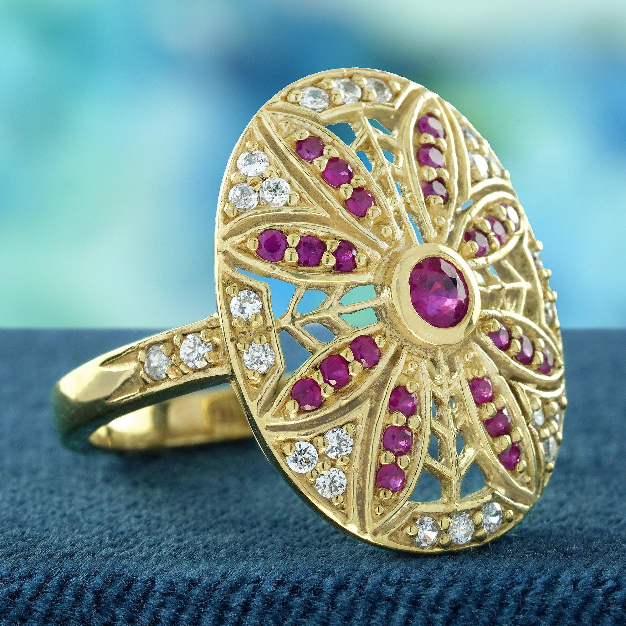 Edwardian Natural Ruby Diamond Vintage Style Floral Cocktail Ring in Solid 14K Yellow Gold For Sale