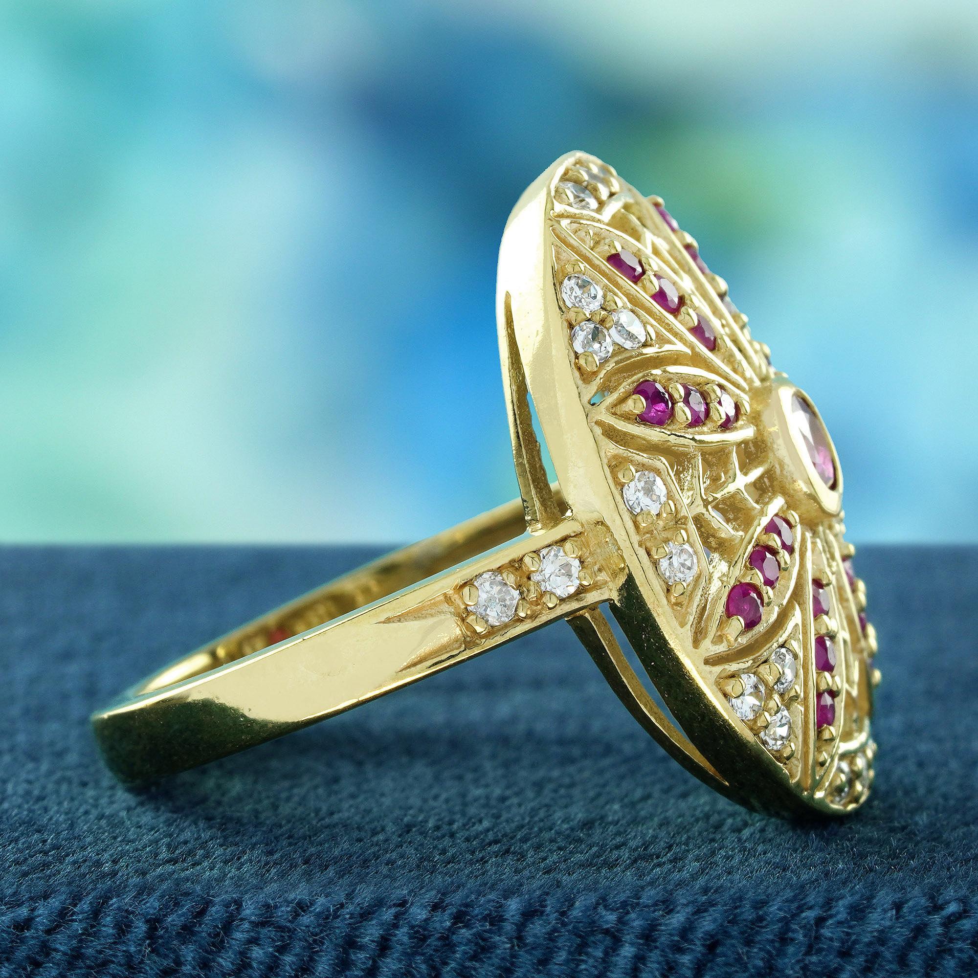 Round Cut Natural Ruby Diamond Vintage Style Floral Cocktail Ring in Solid 14K Yellow Gold For Sale