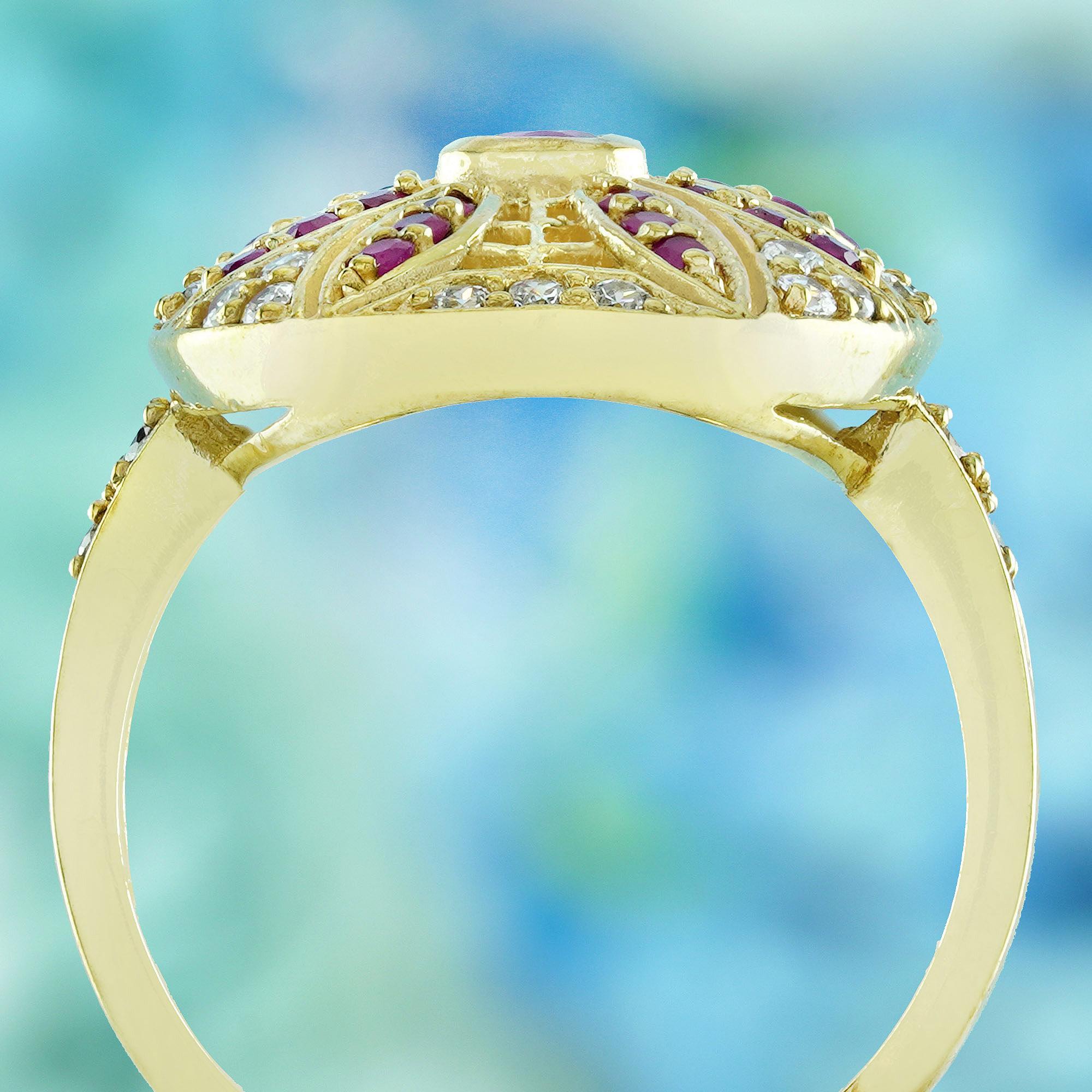 Natural Ruby Diamond Vintage Style Floral Cocktail Ring in Solid 14K Yellow Gold In New Condition For Sale In Bangkok, TH