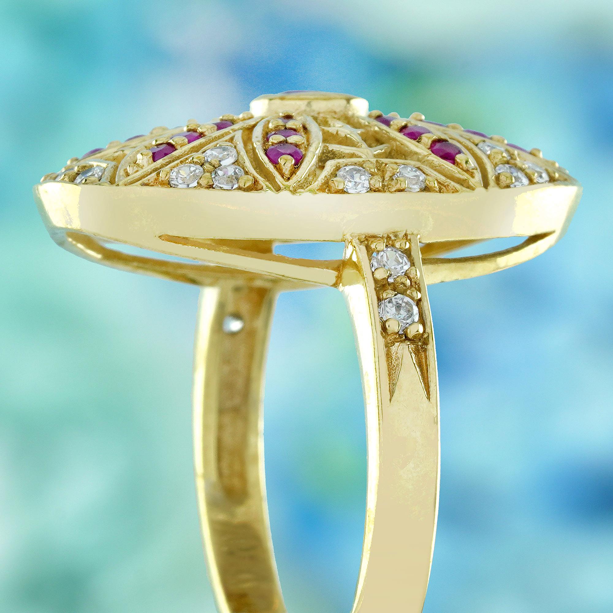 Women's Natural Ruby Diamond Vintage Style Floral Cocktail Ring in Solid 14K Yellow Gold For Sale