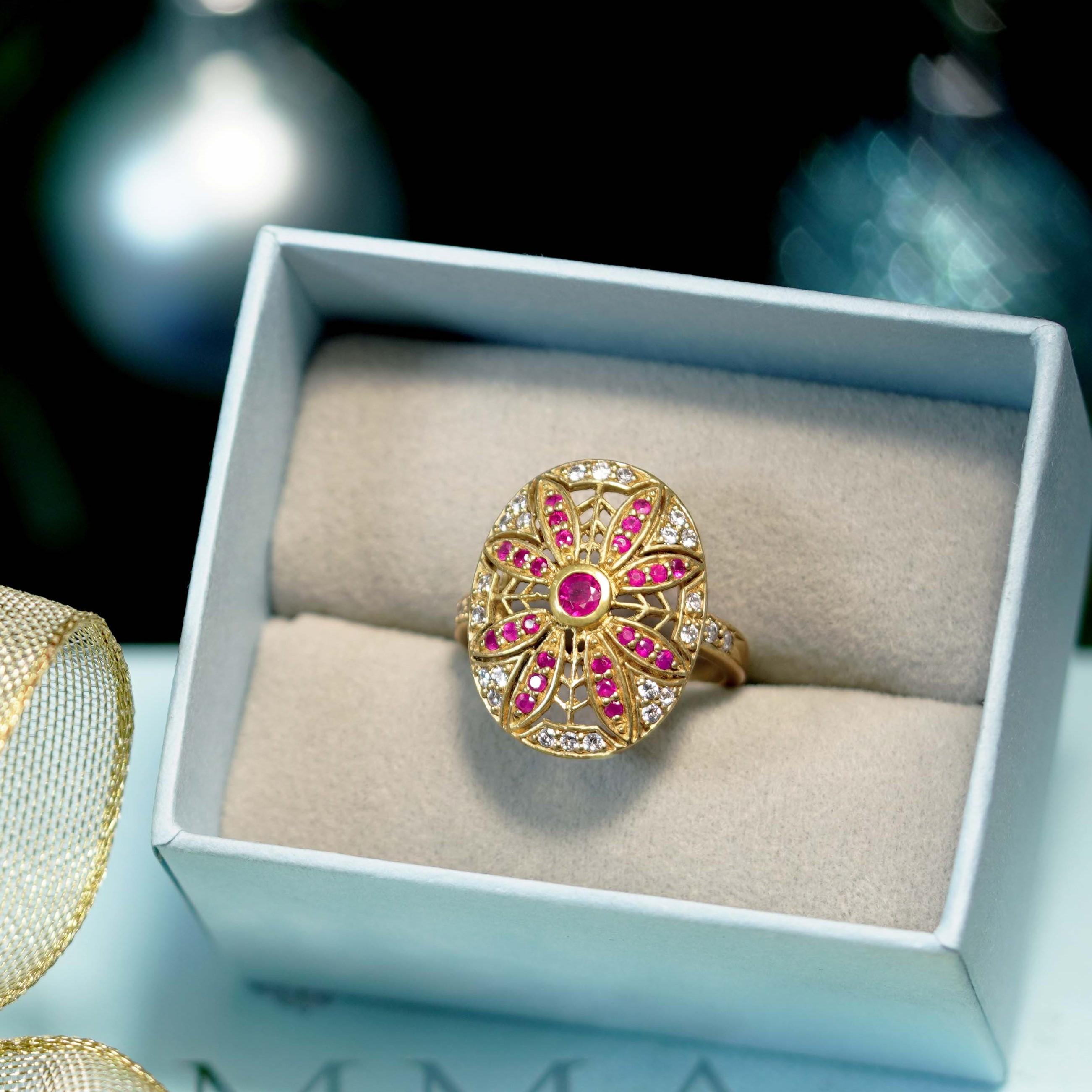 Natural Ruby Diamond Vintage Style Floral Cocktail Ring in Solid 14K Yellow Gold For Sale 1