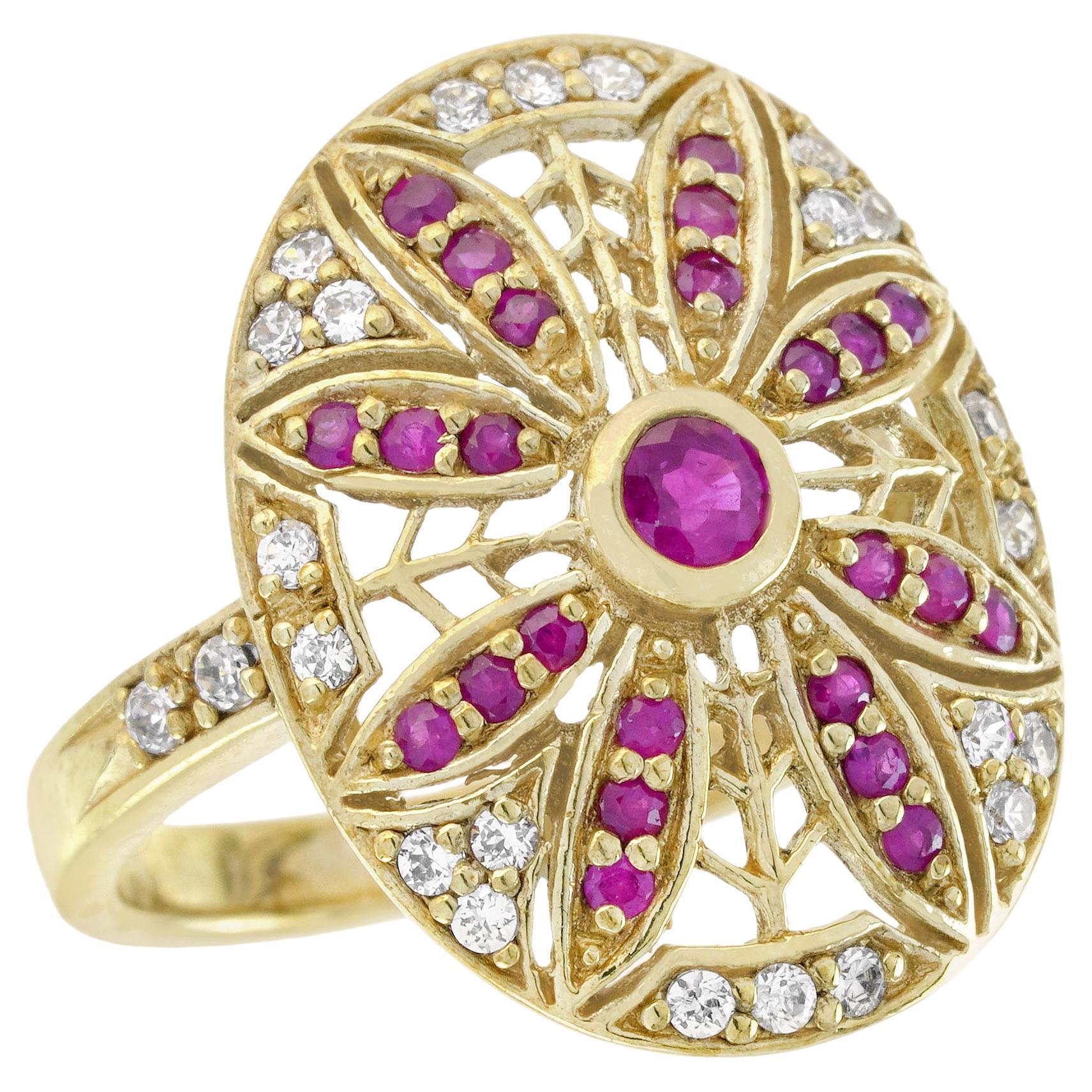 Anello da cocktail floreale con diamante e rubino naturale in stile vintage in oro giallo massiccio 14 carati